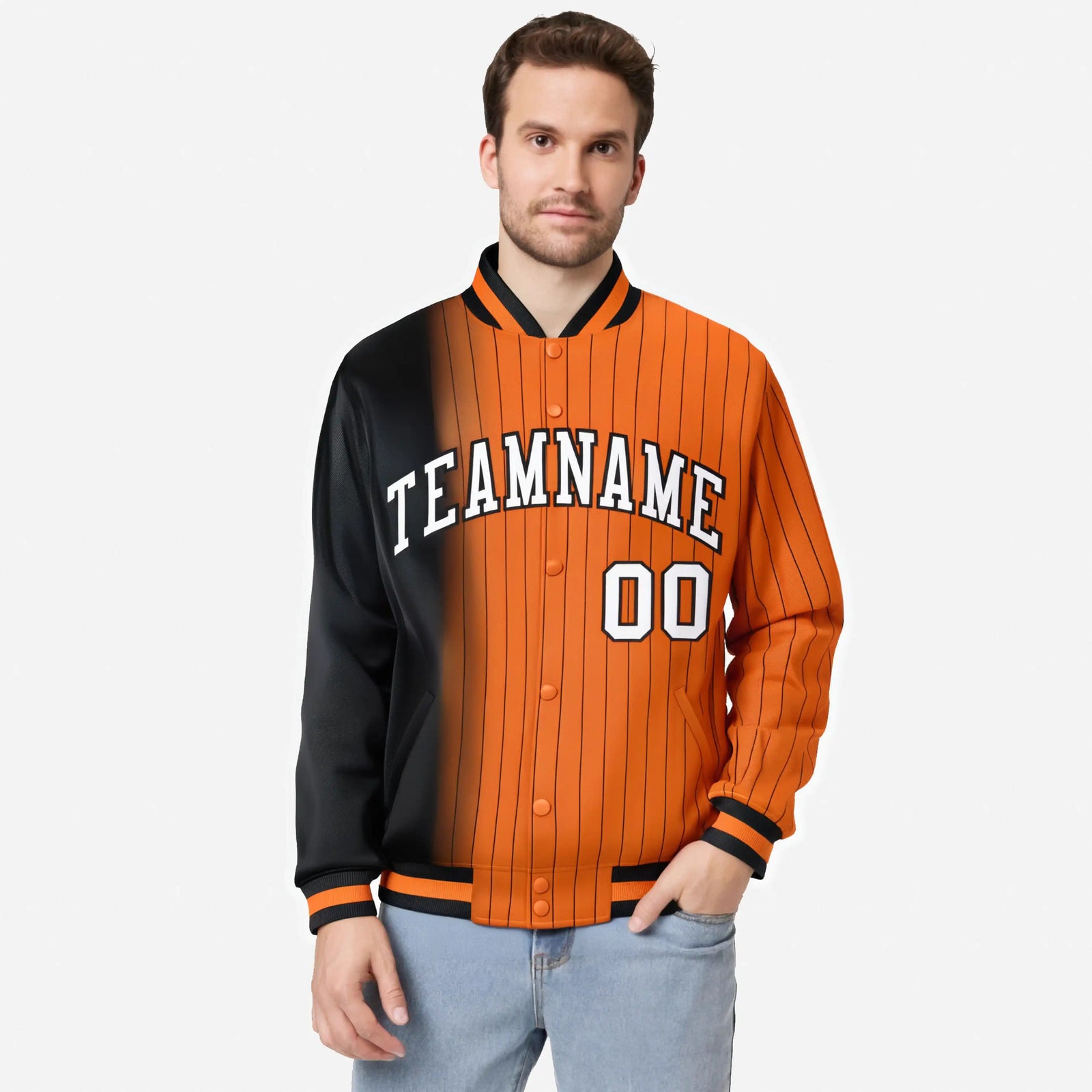 Custom Orange Black Pinstripe White-Black Gradient Fashion Varsity Full-Snap Jacket