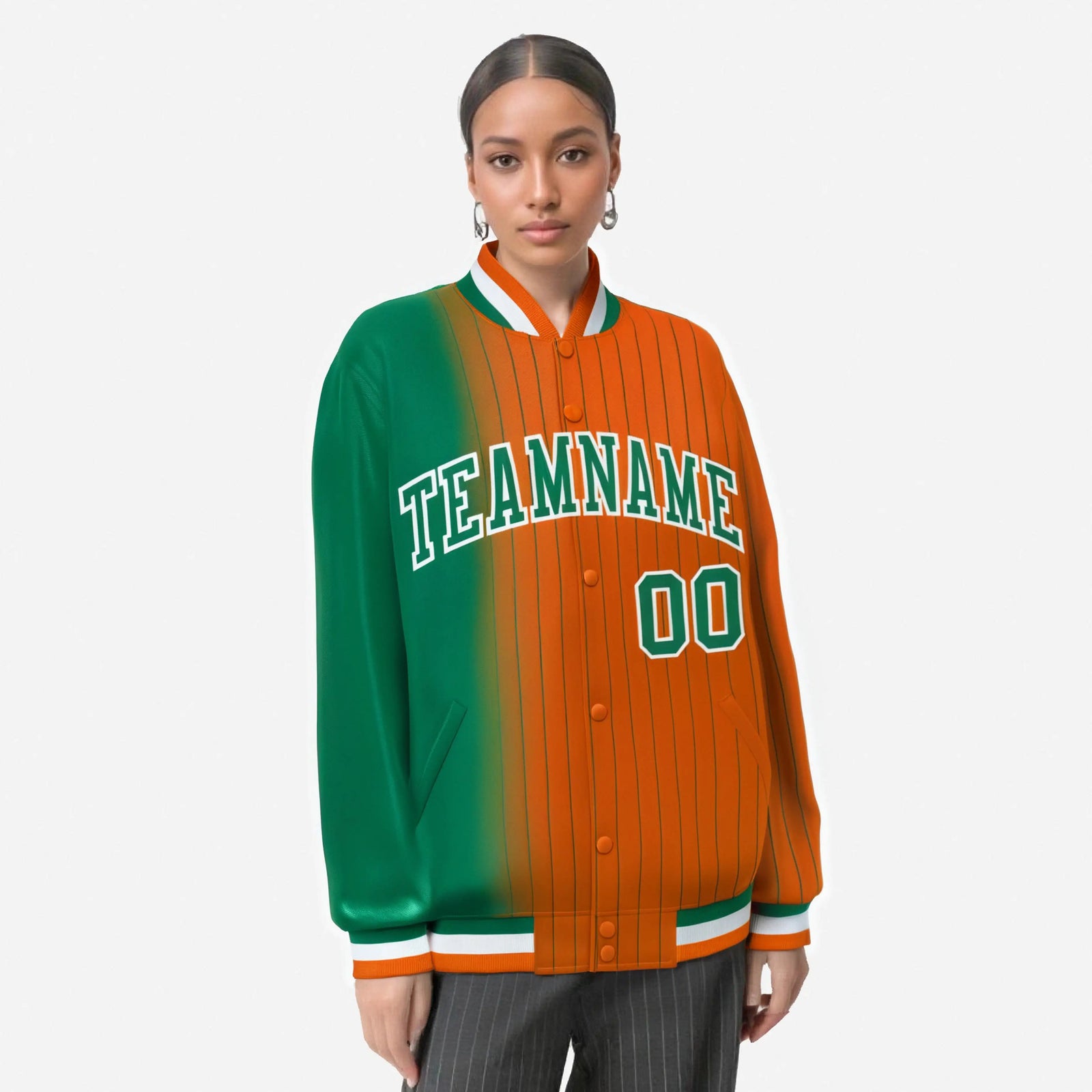 Custom Orange Kelly Green Pinstripe White-Kelly Green Gradient Fashion Varsity Full-Snap Jacket
