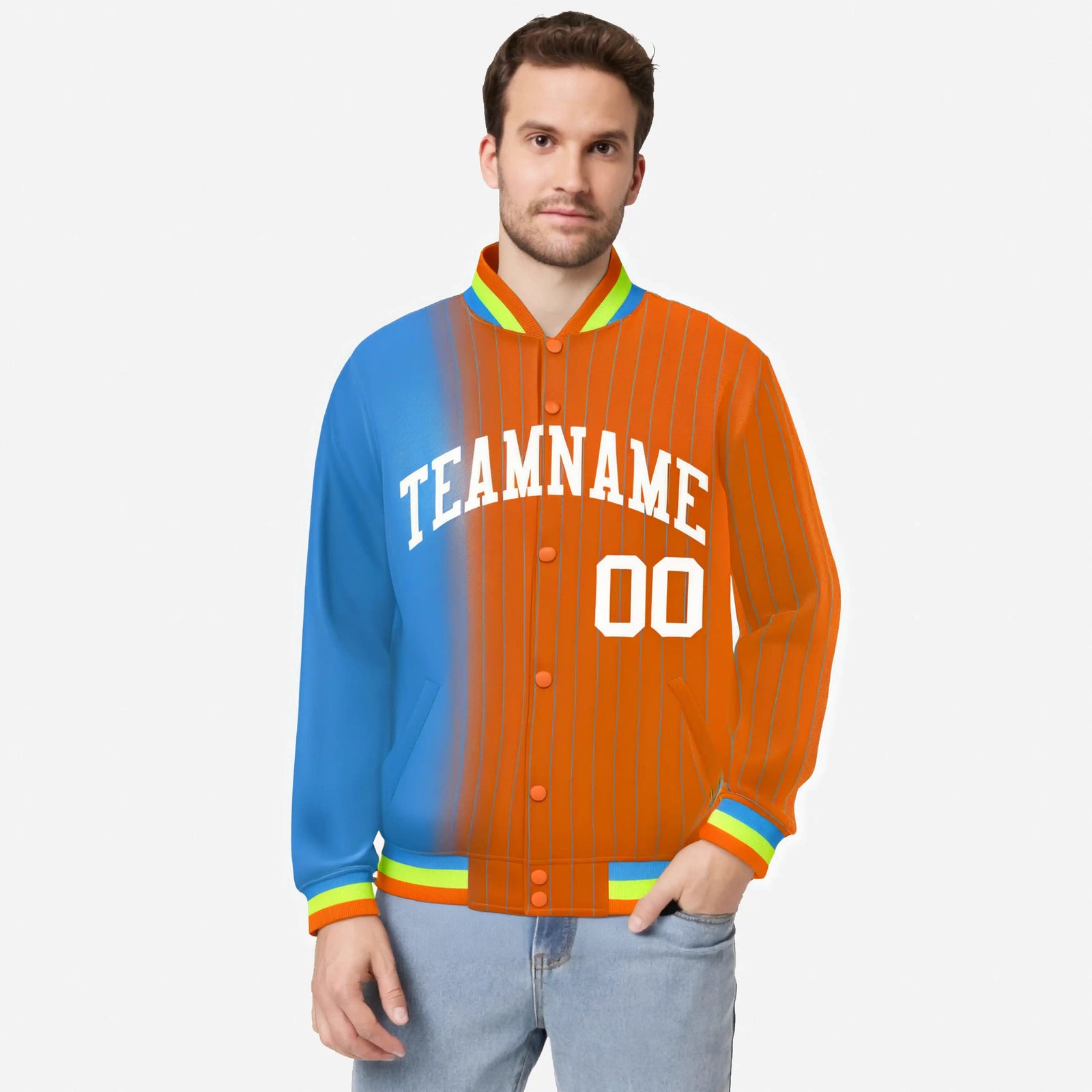 Custom Orange Powder Blue Pinstripe White-Powder Blue Gradient Fashion Varsity Full-Snap Jacket