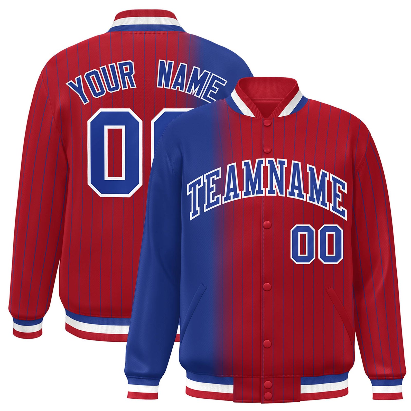 Custom Red Royal Blue Pinstripe White-Royal Blue Gradient Fashion Varsity Full-Snap Jacket