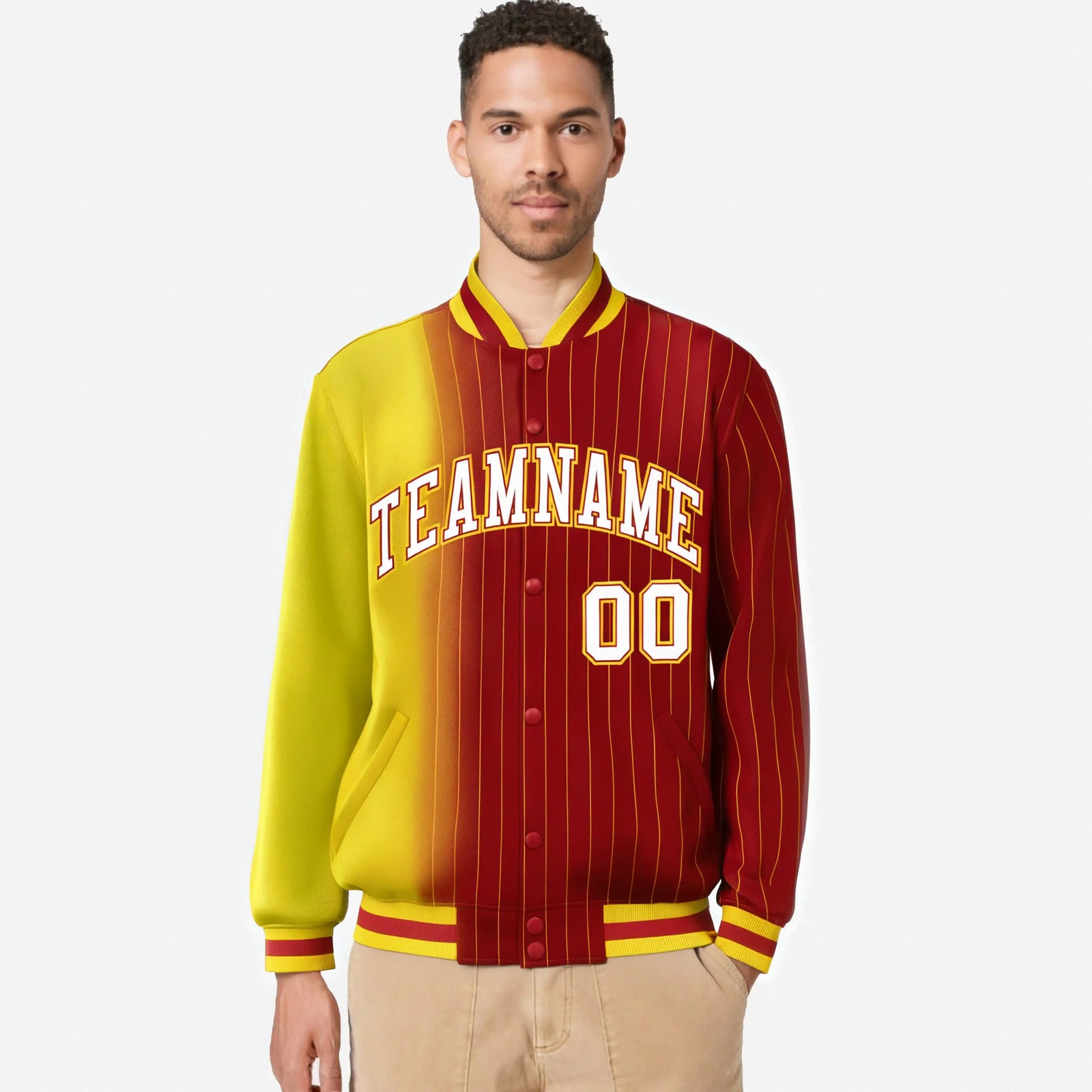 Custom Red Gold Pinstripe White-Gold Gradient Fashion Varsity Full-Snap Jacket