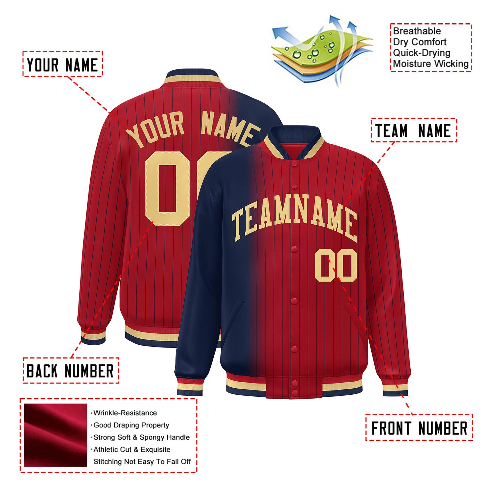 Custom Red Navy Pinstripe Old Gold-Navy Gradient Fashion Varsity Full-Snap Jacket
