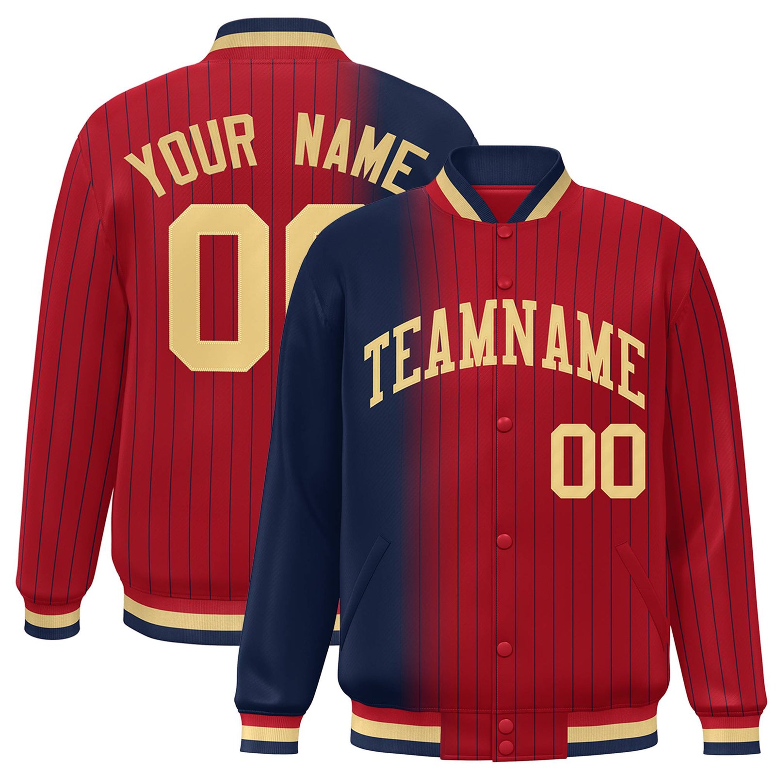 Custom Red Navy Pinstripe Old Gold-Navy Gradient Fashion Varsity Full-Snap Jacket