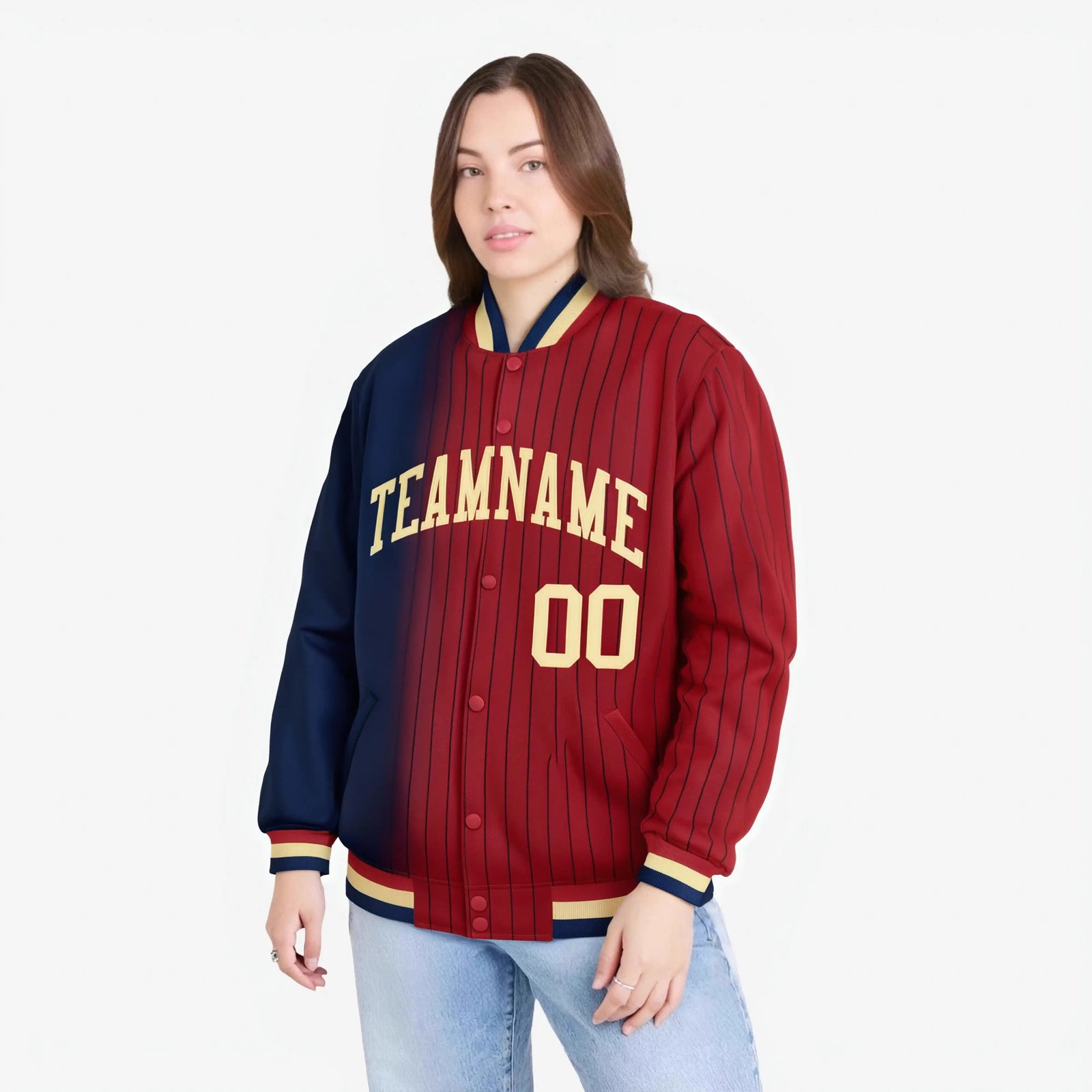 Custom Red Navy Pinstripe Old Gold-Navy Gradient Fashion Varsity Full-Snap Jacket