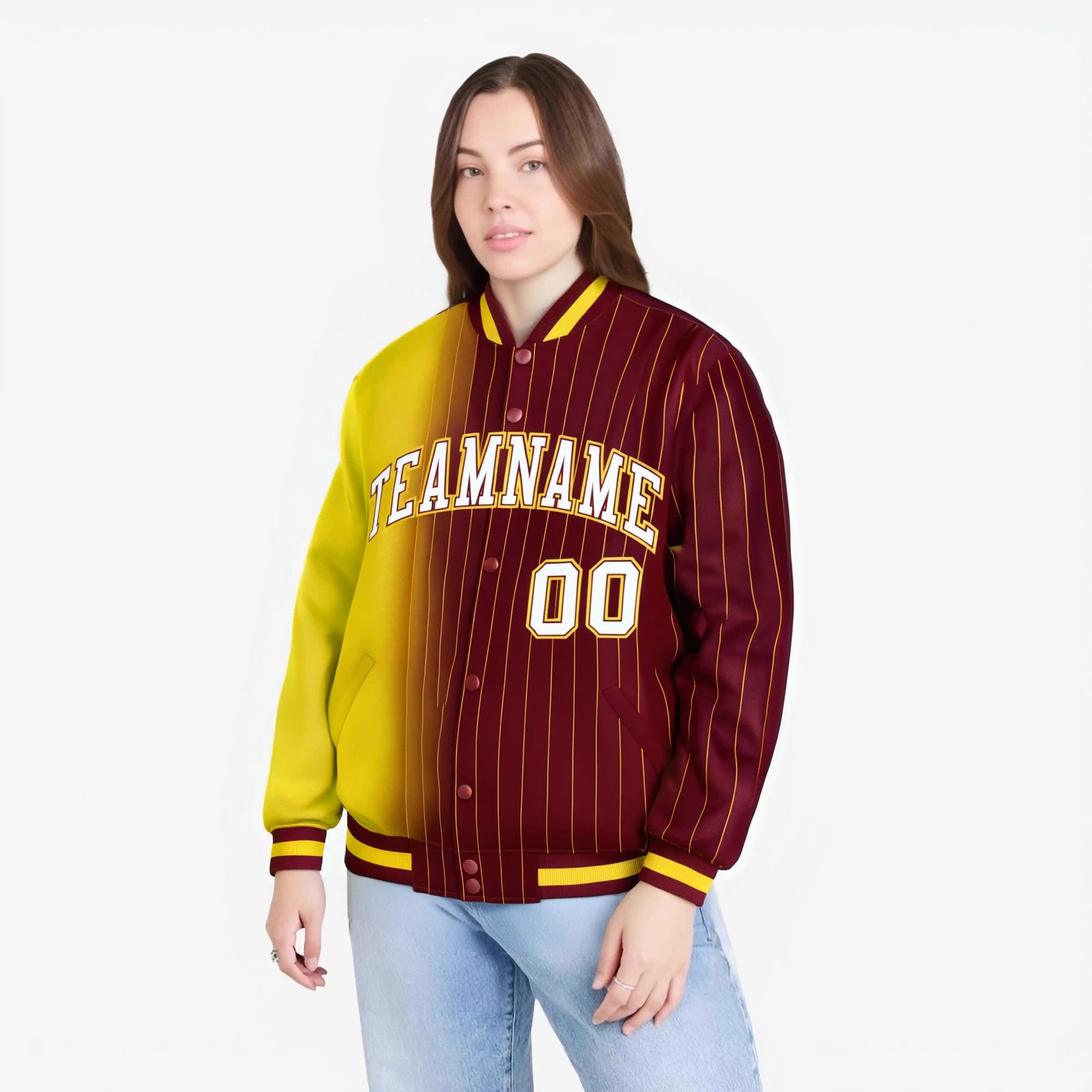 Custom Crimson Gold Pinstripe White-Gold Gradient Fashion Varsity Full-Snap Jacket