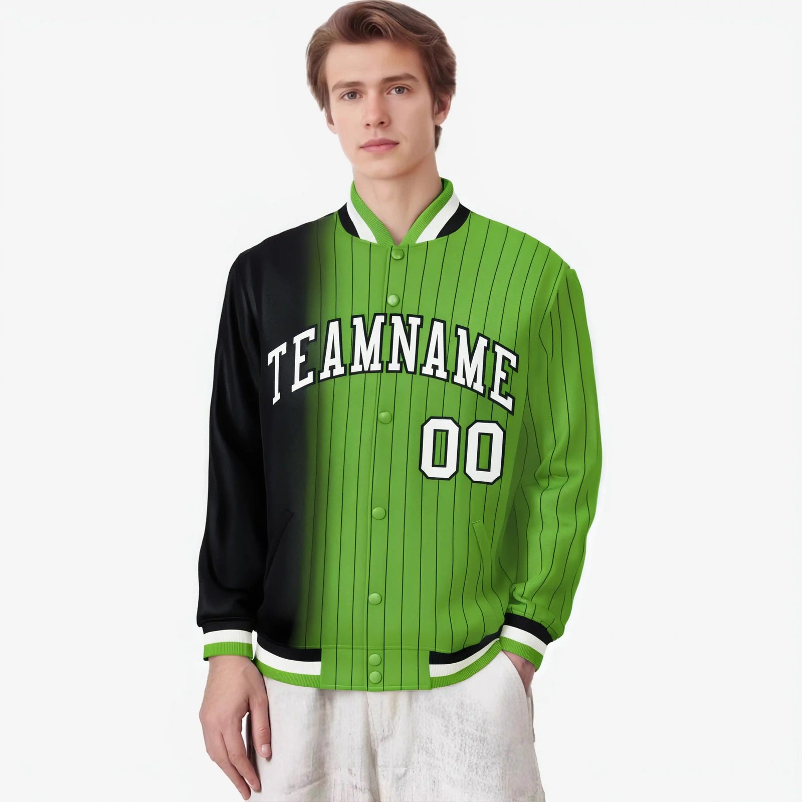 Custom Neon Green Black Pinstripe White-Black Gradient Fashion Varsity Full-Snap Jacket