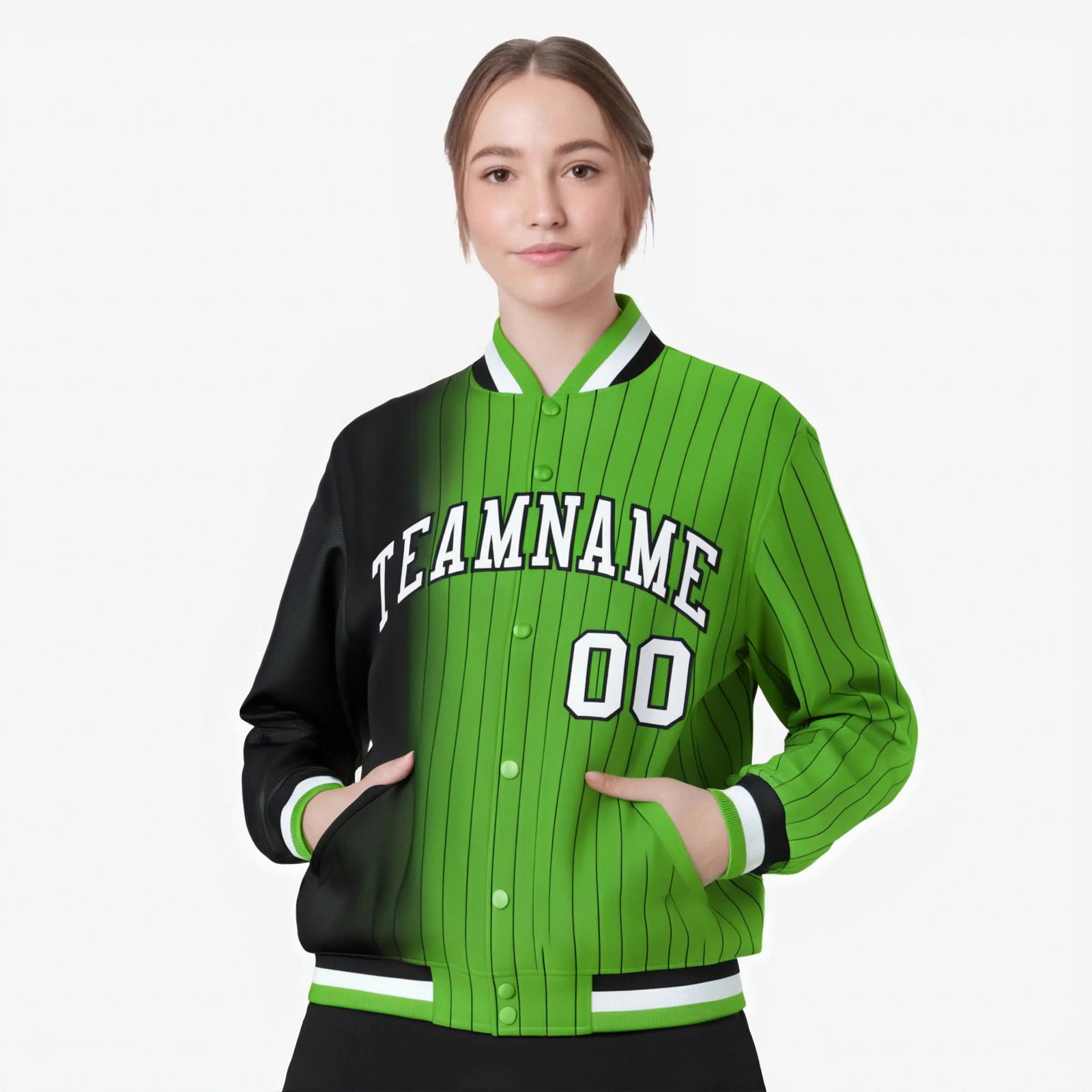 Custom Neon Green Black Pinstripe White-Black Gradient Fashion Varsity Full-Snap Jacket