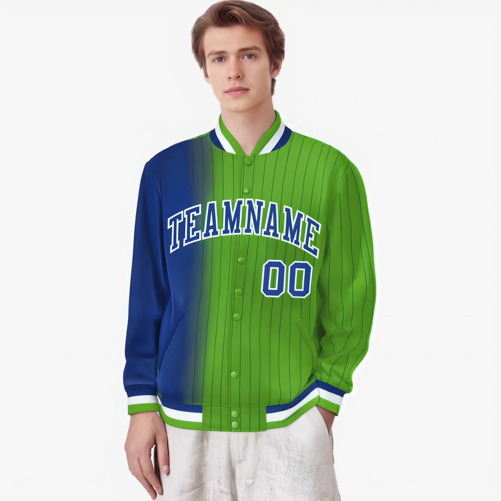 Custom Neon Green Royal-Blue Pinstripe White-Royal Blue Gradient Fashion Varsity Full-Snap Jacket
