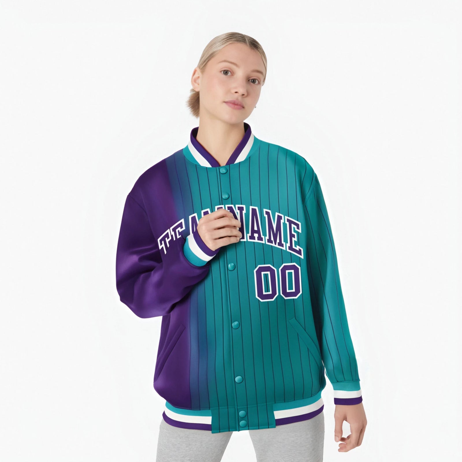 Custom Aqua Purple Pinstripe White-Purple Gradient Fashion Varsity Full-Snap Jacket