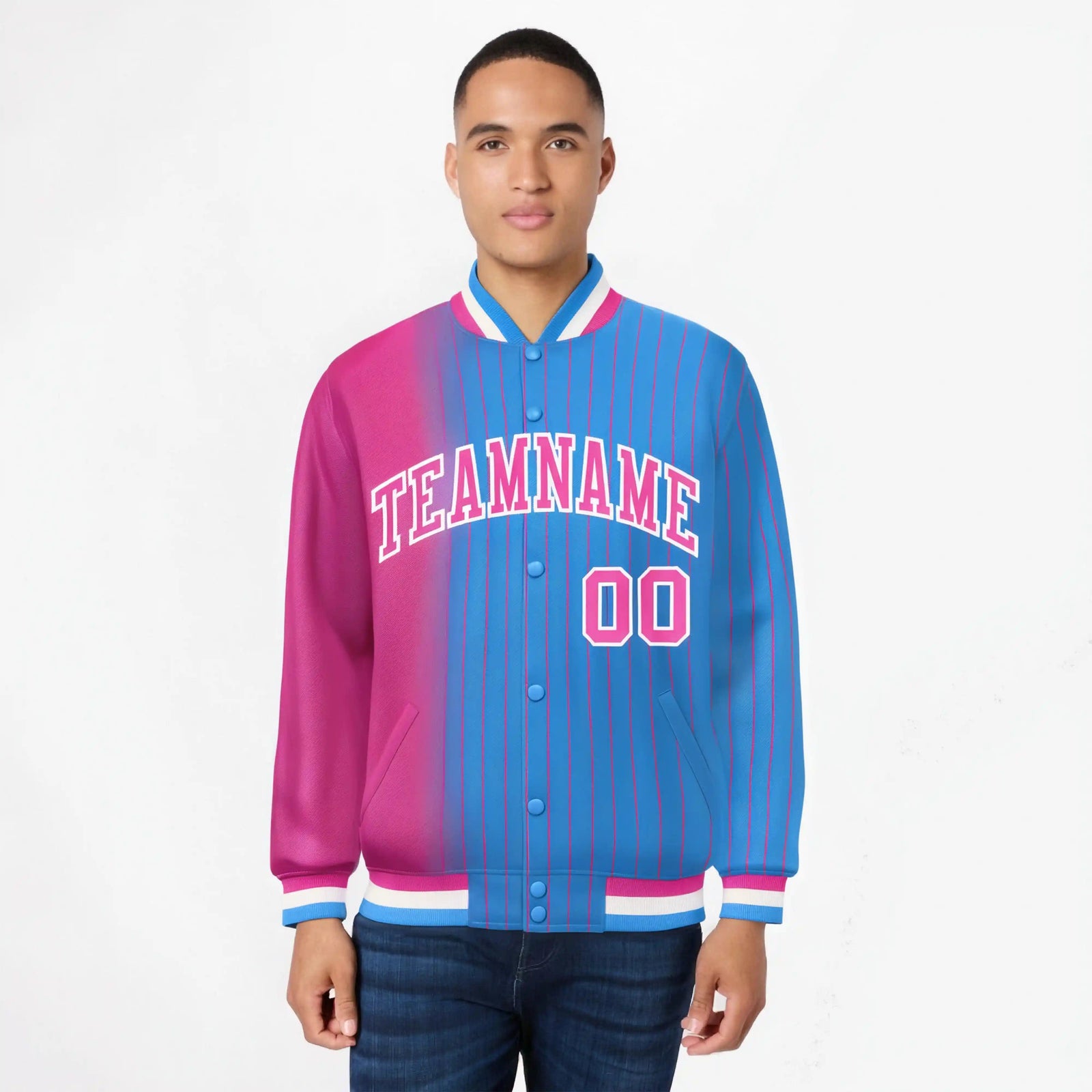 Custom Powder Blue Pink Pinstripe White-Pink Gradient Fashion Varsity Full-Snap Jacket