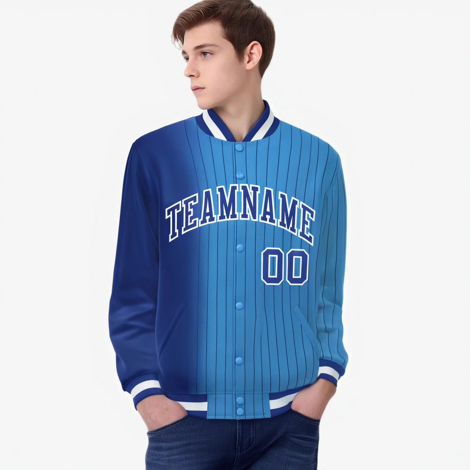 Custom Powder Blue Royal-Blue Pinstripe White-Royal Blue Gradient Fashion Varsity Full-Snap Jacket