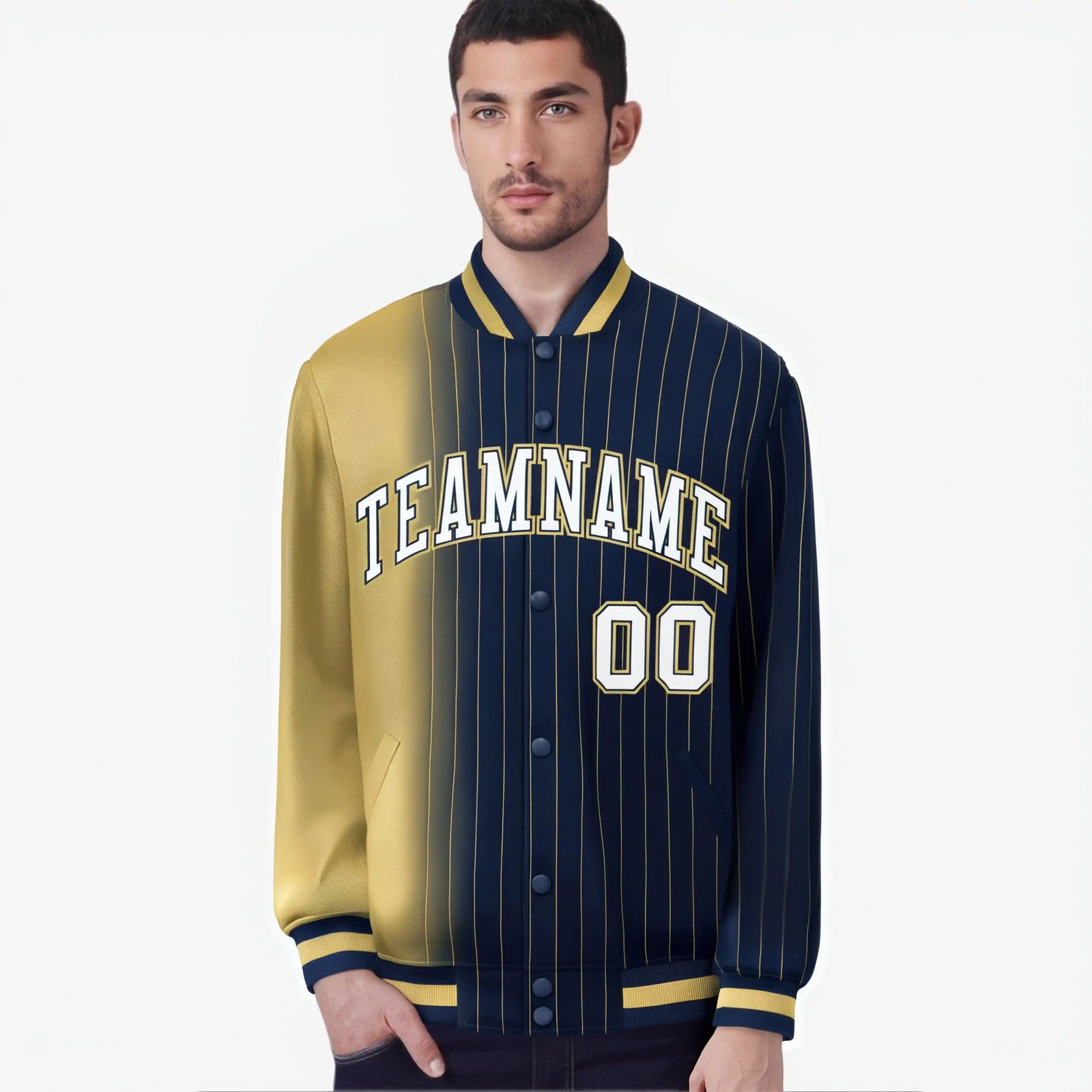 Custom Navy Khaki Pinstripe White-Khaki Gradient Fashion Varsity Full-Snap Jacket