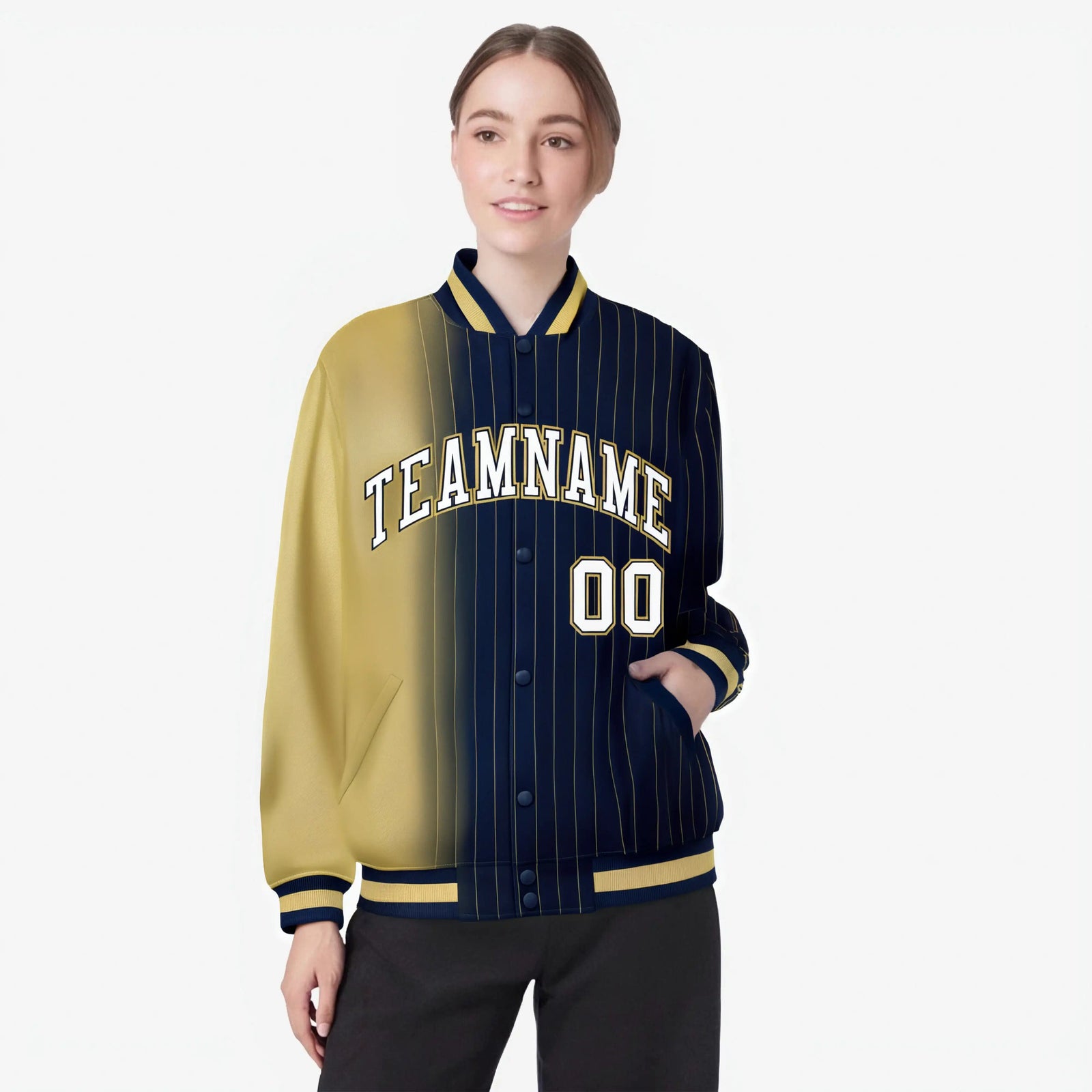 Custom Navy Khaki Pinstripe White-Khaki Gradient Fashion Varsity Full-Snap Jacket