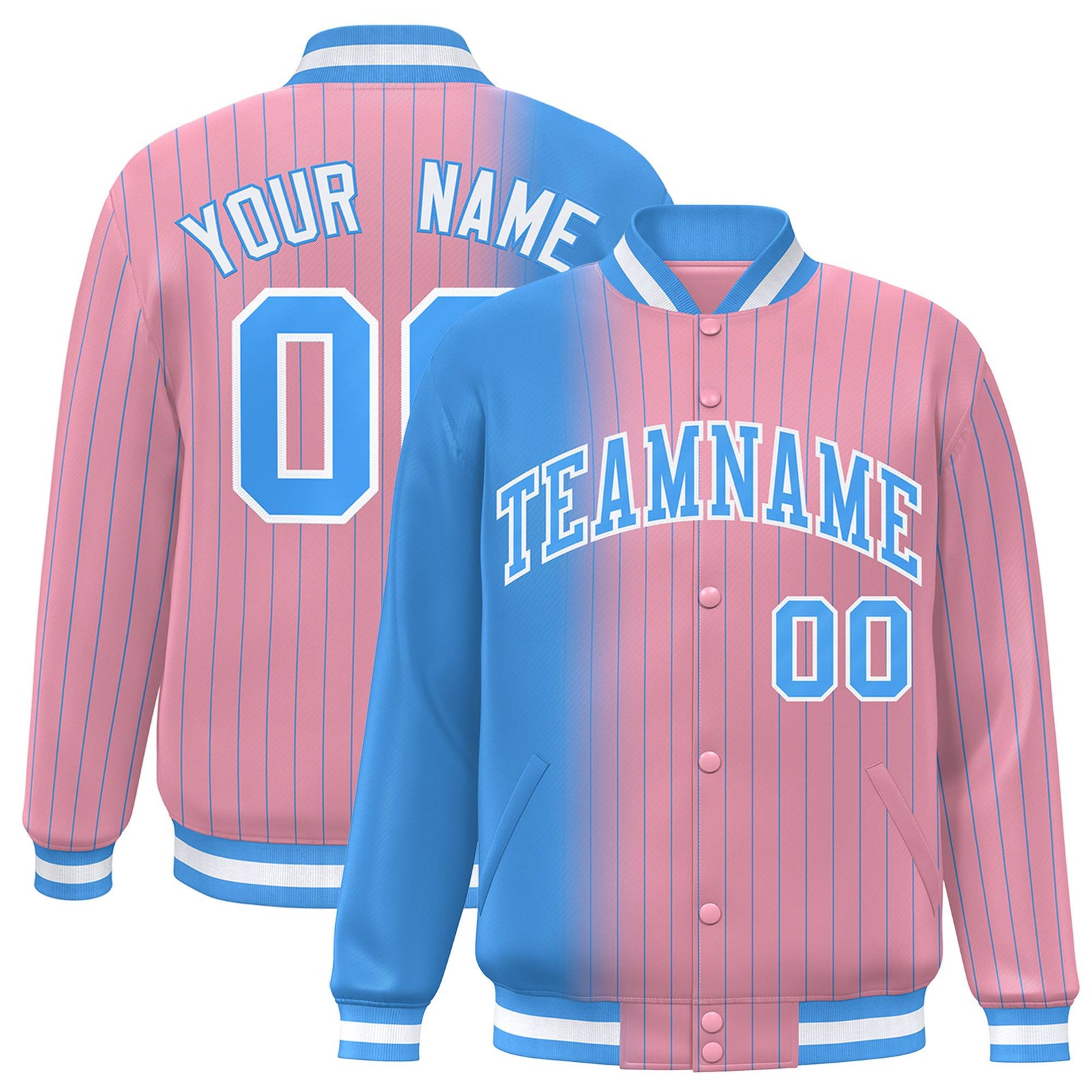 Custom Light Pink Powder-Blue Pinstripe White-Powder Blue Gradient Fashion Varsity Full-Snap Jacket