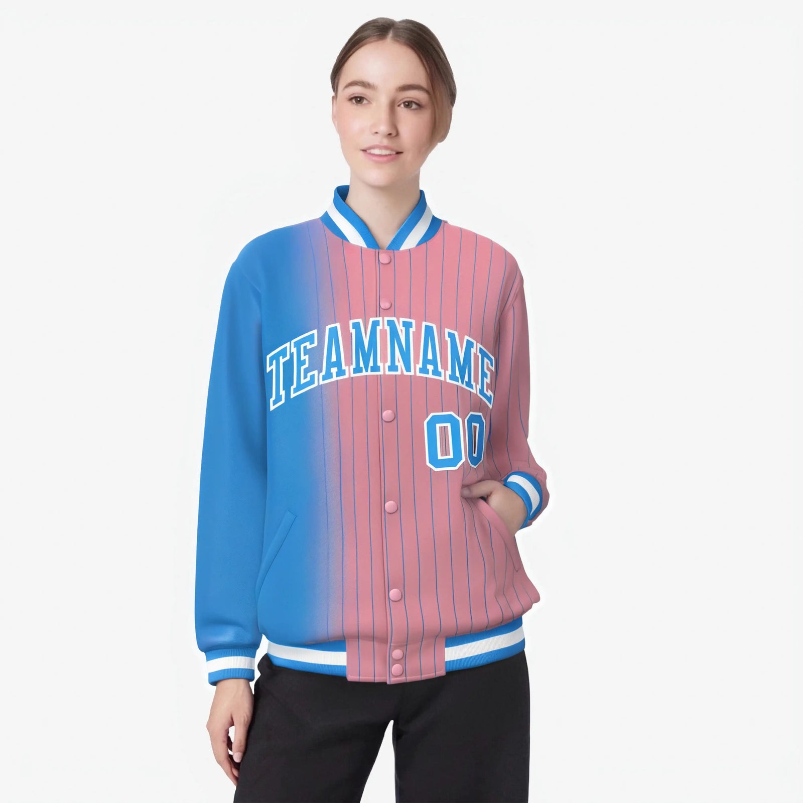 Custom Light Pink Powder-Blue Pinstripe White-Powder Blue Gradient Fashion Varsity Full-Snap Jacket