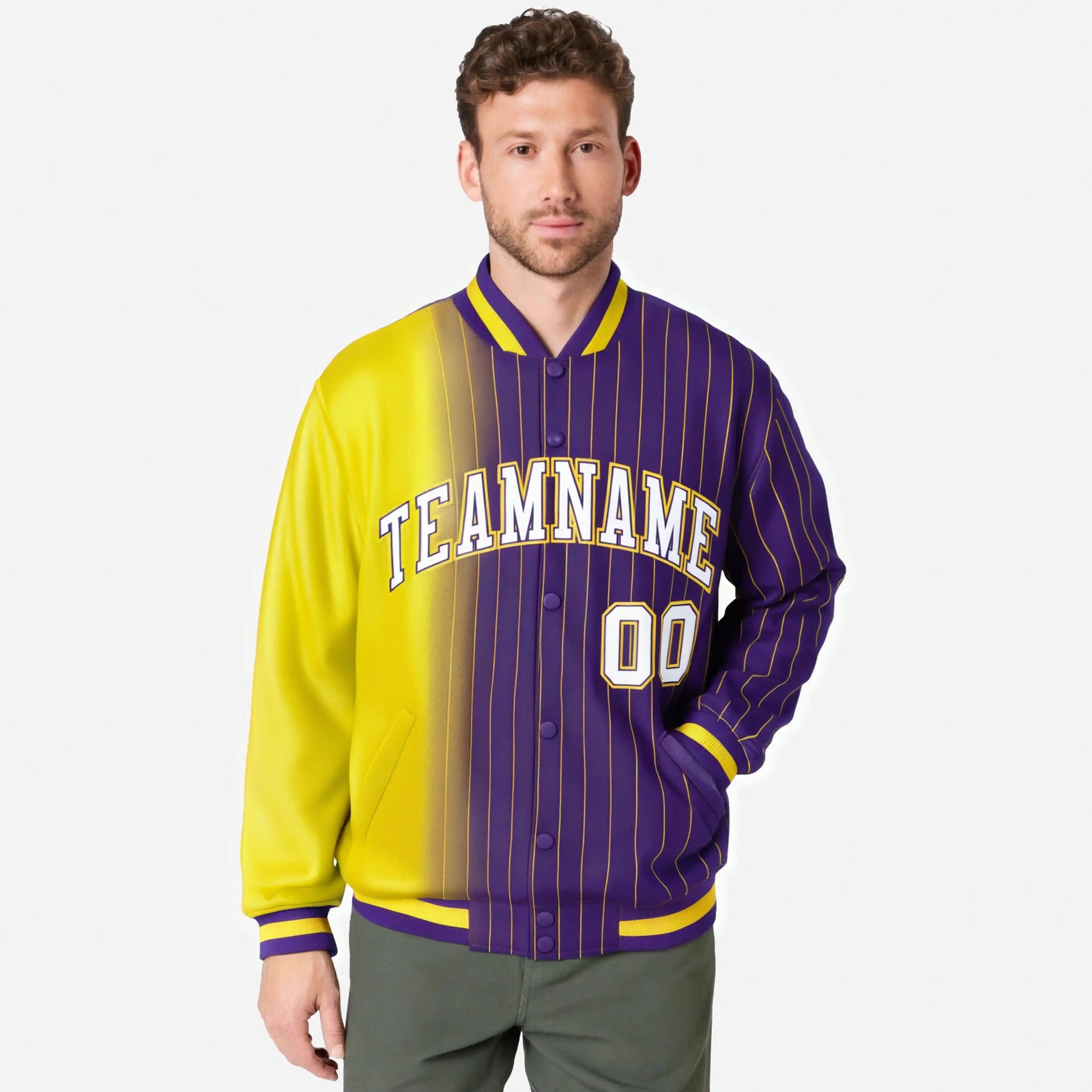 Custom Purple Gold Pinstripe White-Gold Gradient Fashion Varsity Full-Snap Jacket