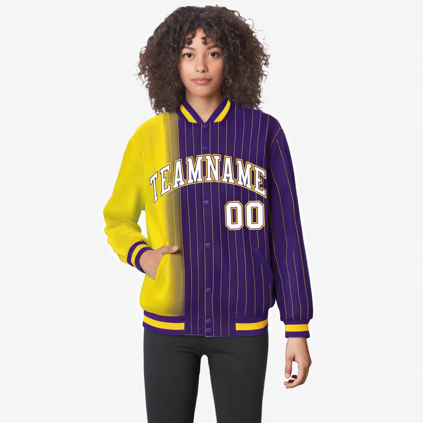 Custom Purple Gold Pinstripe White-Gold Gradient Fashion Varsity Full-Snap Jacket
