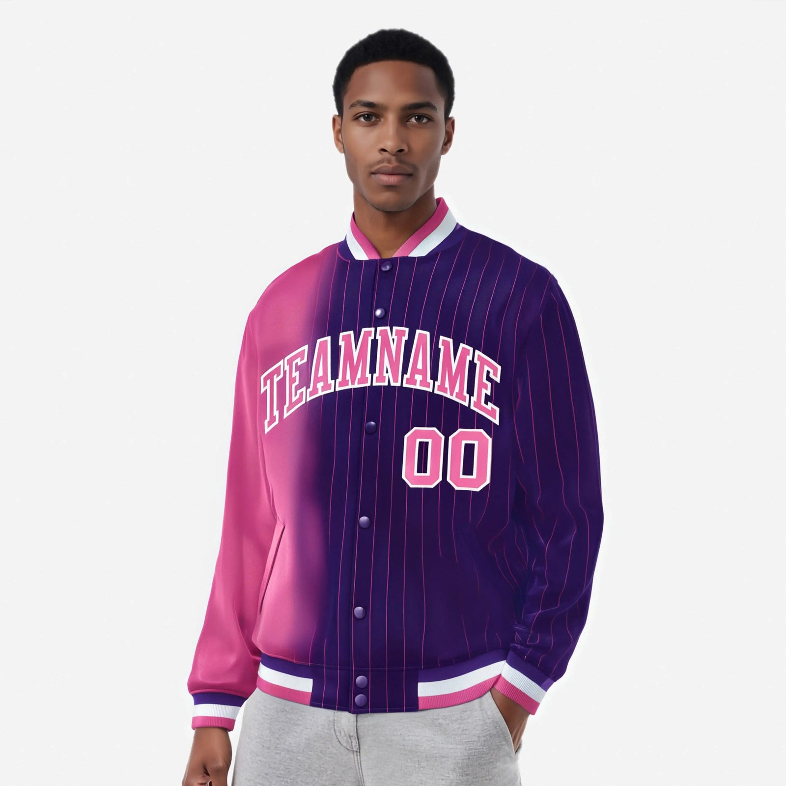 Custom Purple Pink Pinstripe White-Pink Gradient Fashion Varsity Full-Snap Jacket
