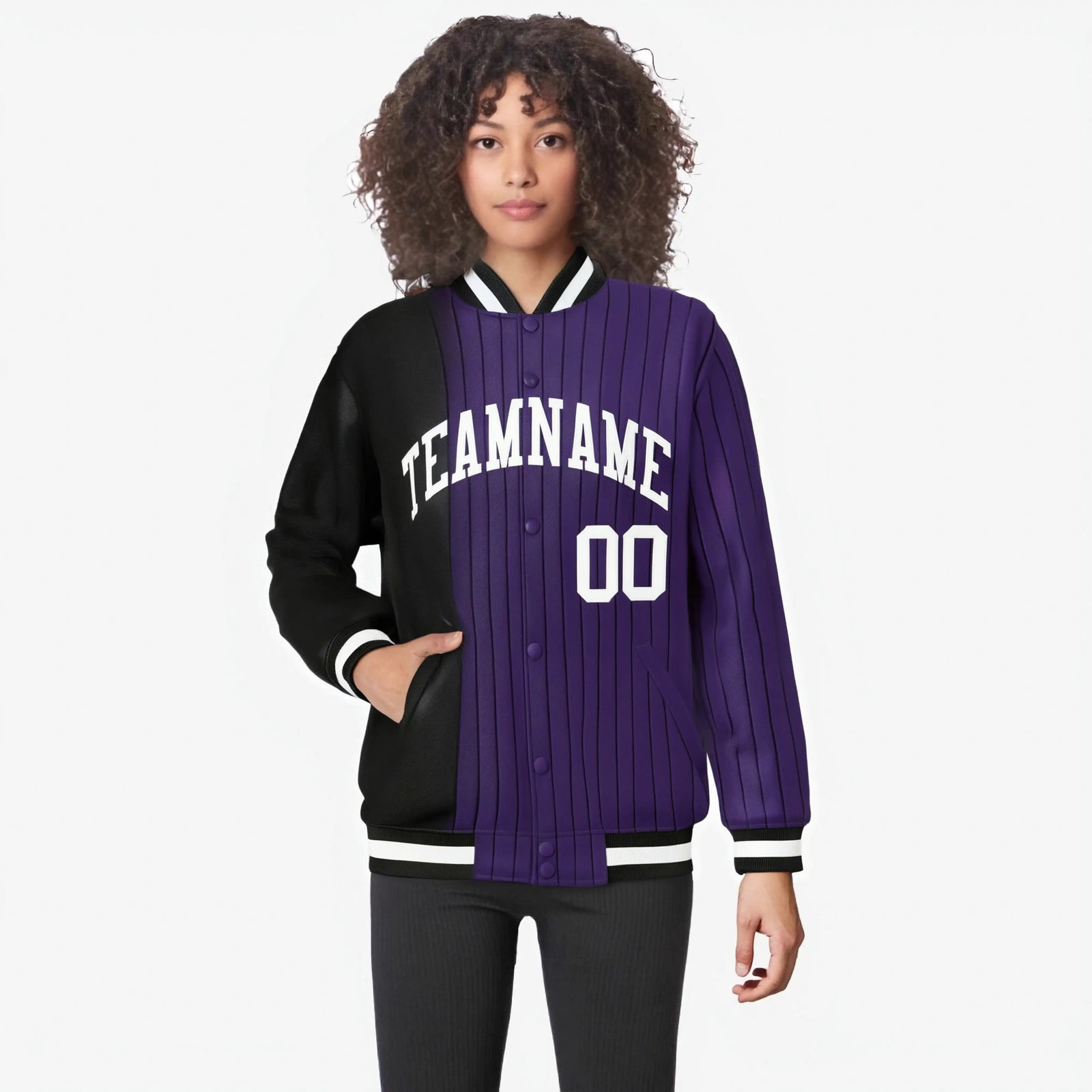Custom Purple Black Pinstripe White-Black Gradient Fashion Varsity Full-Snap Jacket