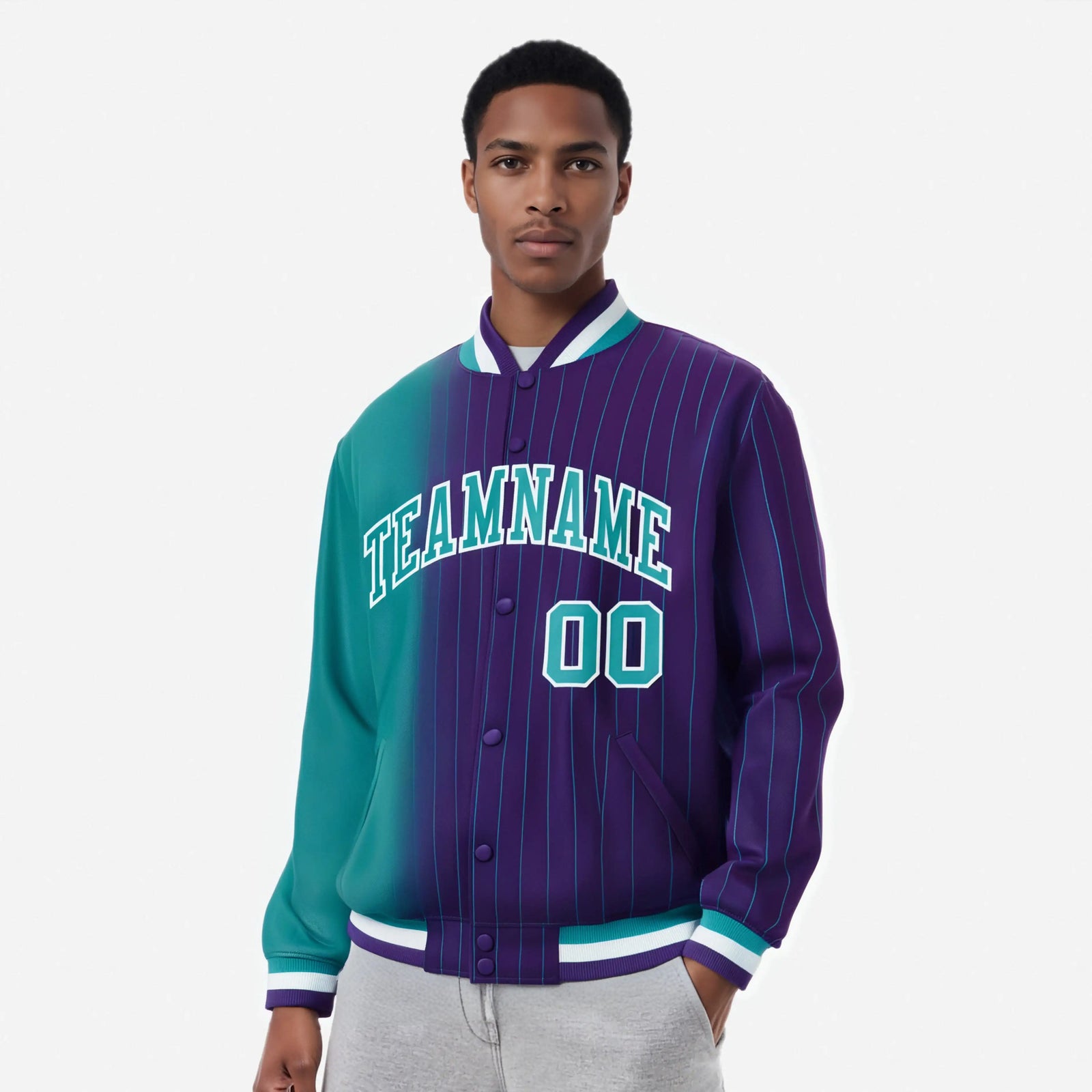 Custom Purple Aqua Pinstripe White-Aqua Gradient Fashion Varsity Full-Snap Jacket