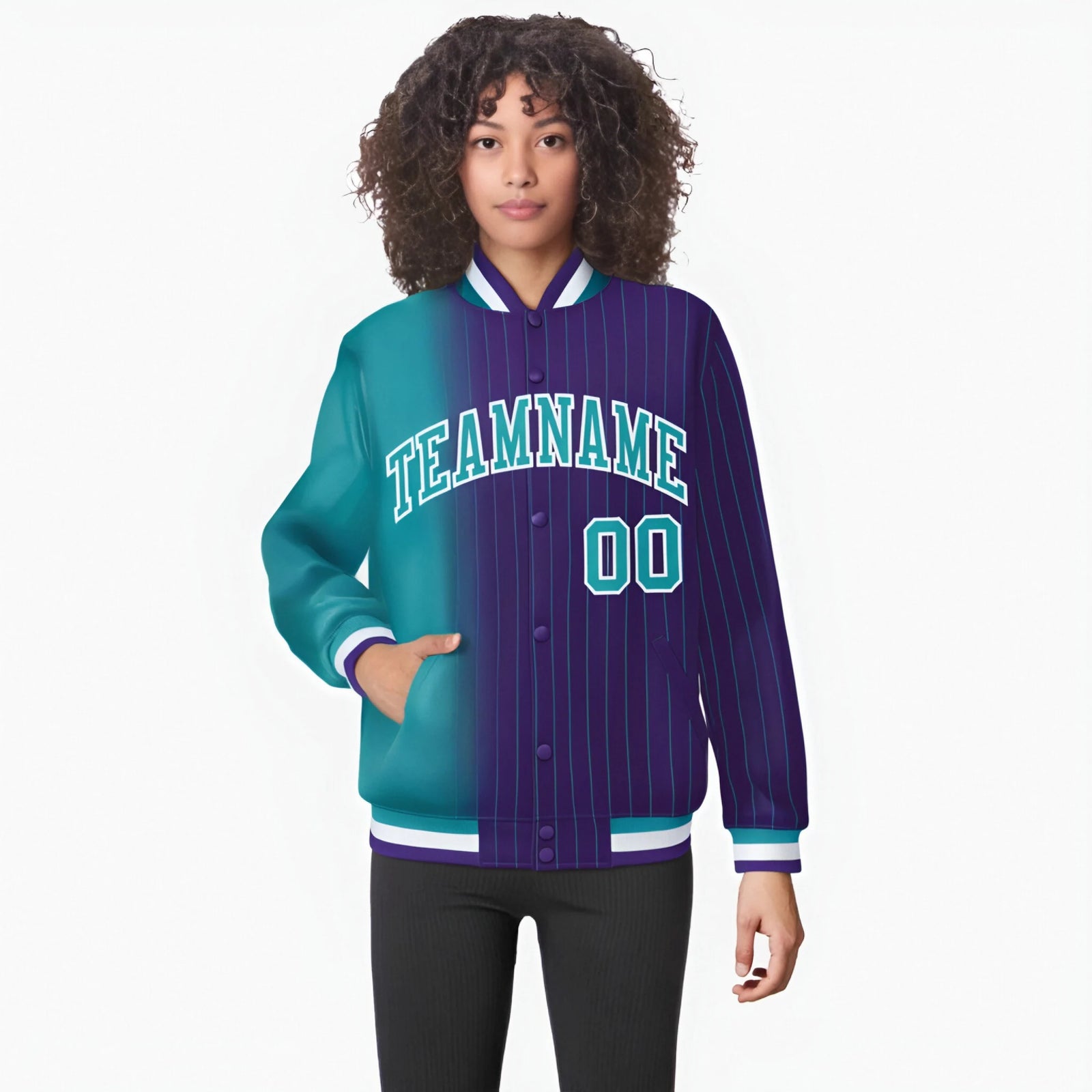 Custom Purple Aqua Pinstripe White-Aqua Gradient Fashion Varsity Full-Snap Jacket