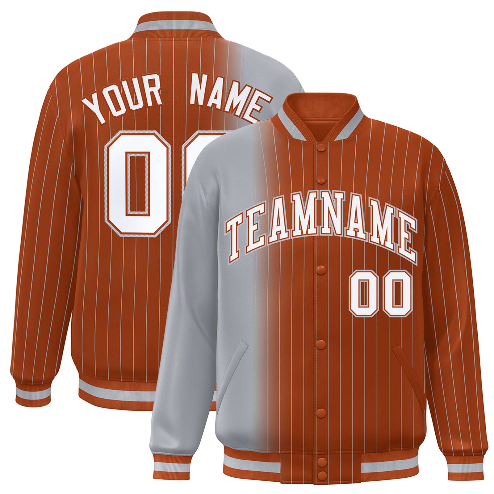 Custom Gray Orange Pinstripe White-Gray Gradient Fashion Varsity Full-Snap Jacket