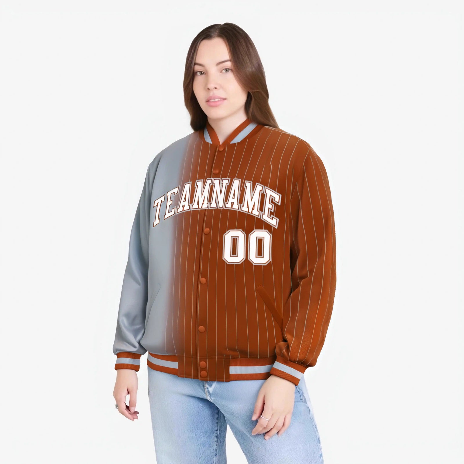 Custom Gray Orange Pinstripe White-Gray Gradient Fashion Varsity Full-Snap Jacket