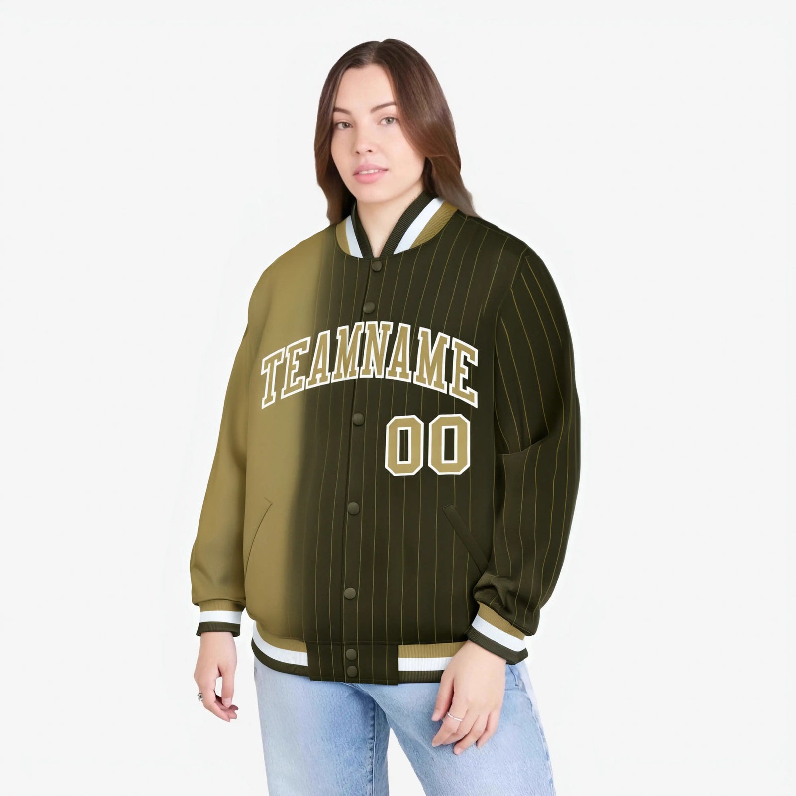 Custom Olive Old Gold Pinstripe White-Old Gold Gradient Fashion Varsity Full-Snap Jacket