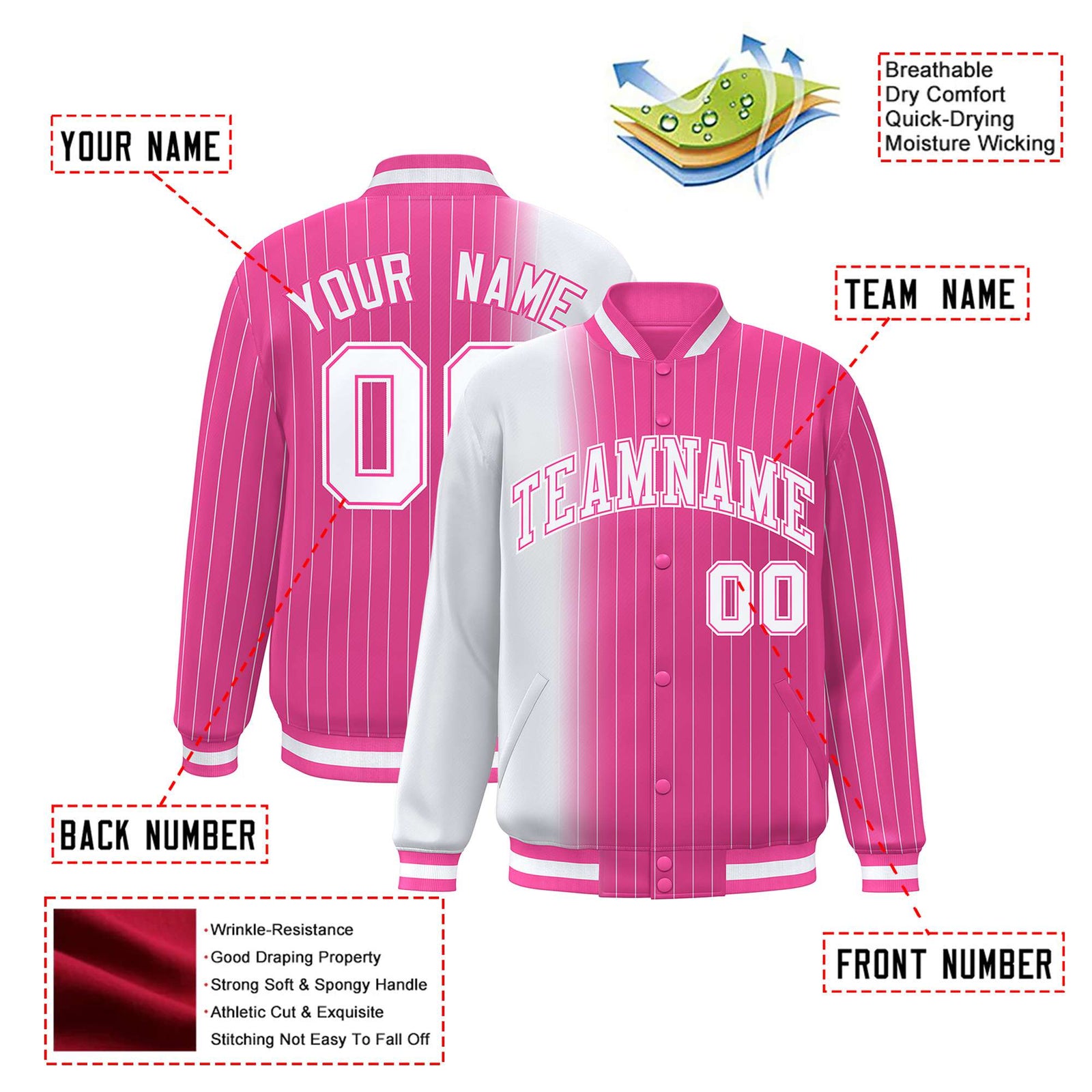 Custom Pink White Pinstripe Pink-White Gradient Fashion Varsity Full-Snap Jacket