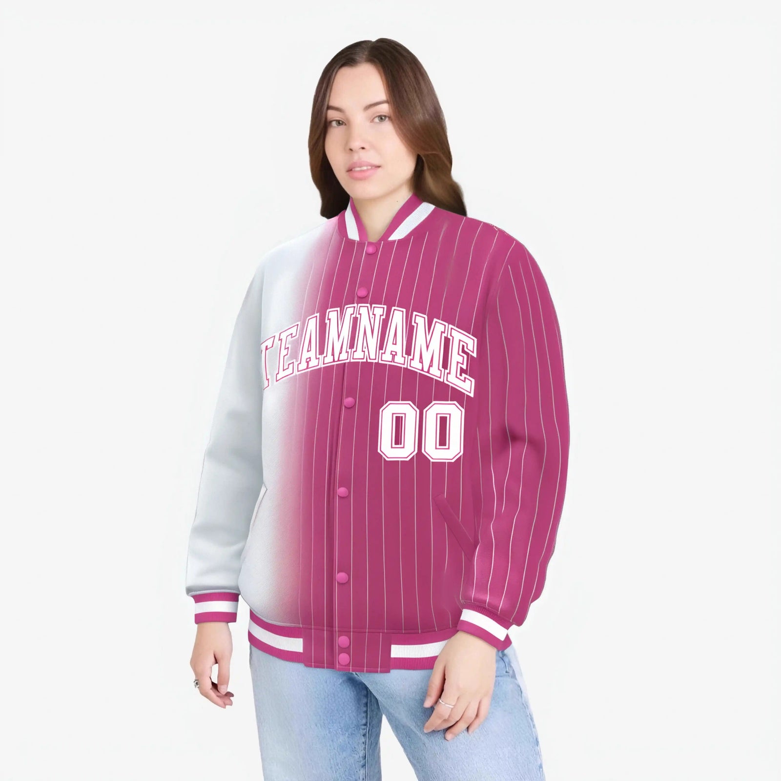 Custom Pink White Pinstripe Pink-White Gradient Fashion Varsity Full-Snap Jacket