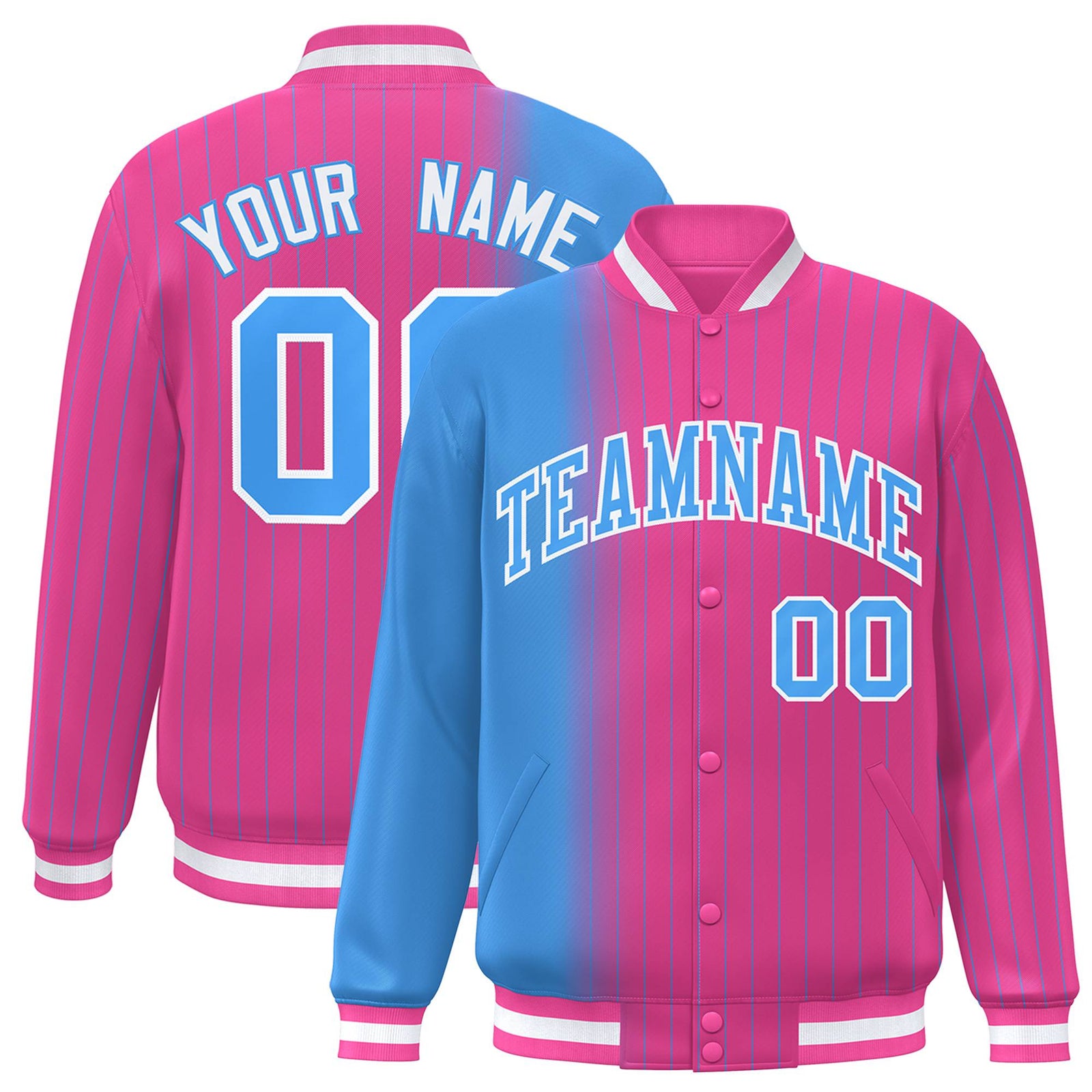 Custom Pink Powder Blue Pinstripe White-Powder Blue Gradient Fashion Varsity Full-Snap Jacket
