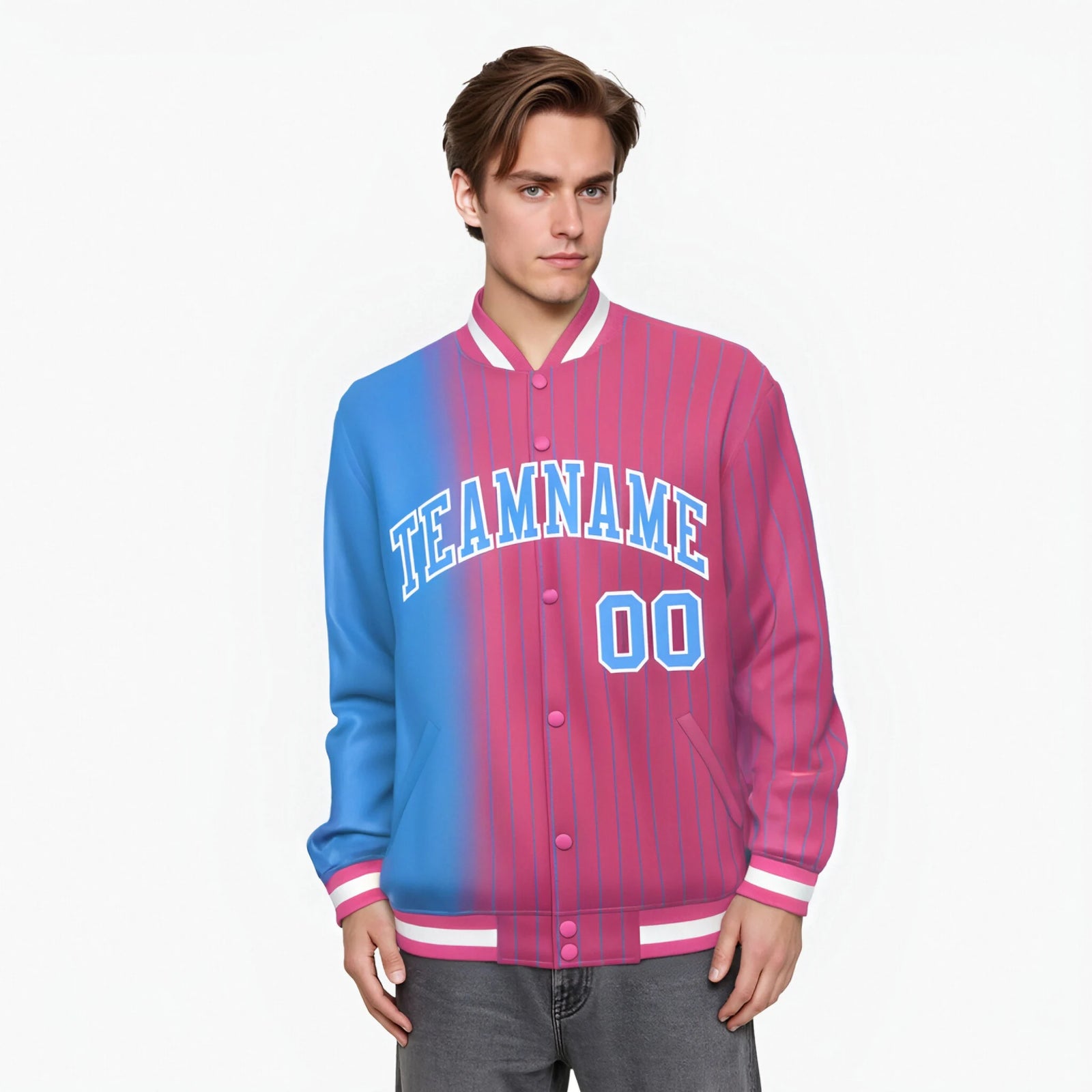 Custom Pink Powder Blue Pinstripe White-Powder Blue Gradient Fashion Varsity Full-Snap Jacket