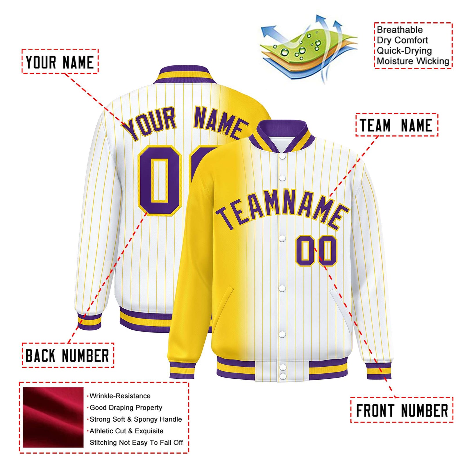 Custom White Gold Pinstripe Purple-Gold Gradient Fashion Varsity Full-Snap Jacket