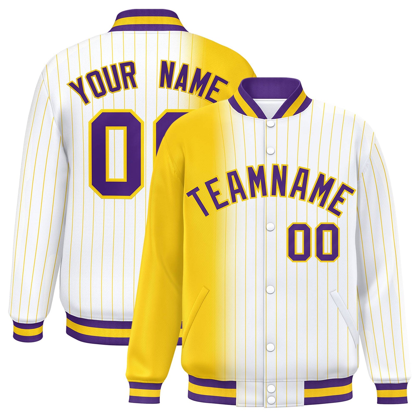 Custom White Gold Pinstripe Purple-Gold Gradient Fashion Varsity Full-Snap Jacket