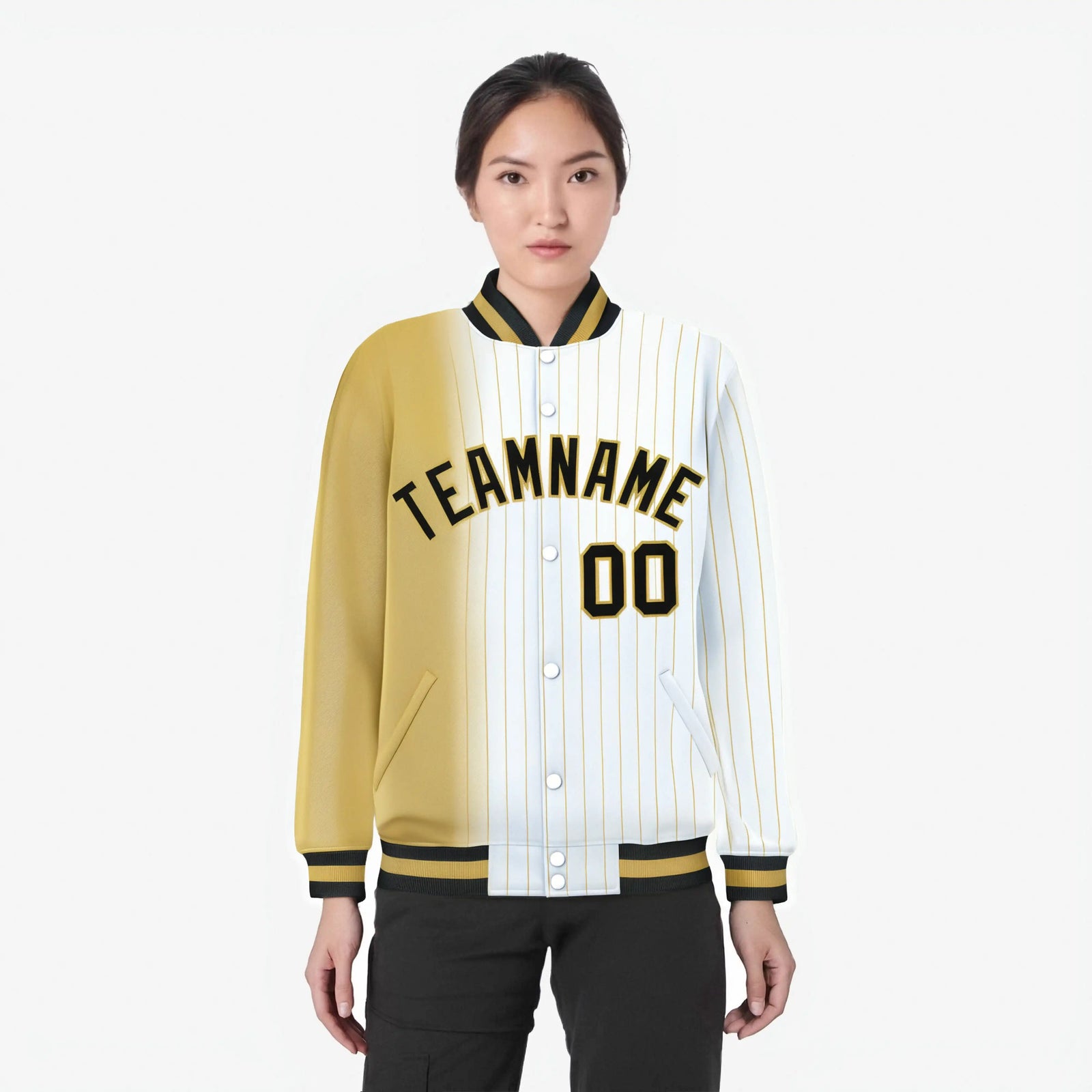 Custom White Khaki Pinstripe Black-Khaki Gradient Fashion Varsity Full-Snap Jacket