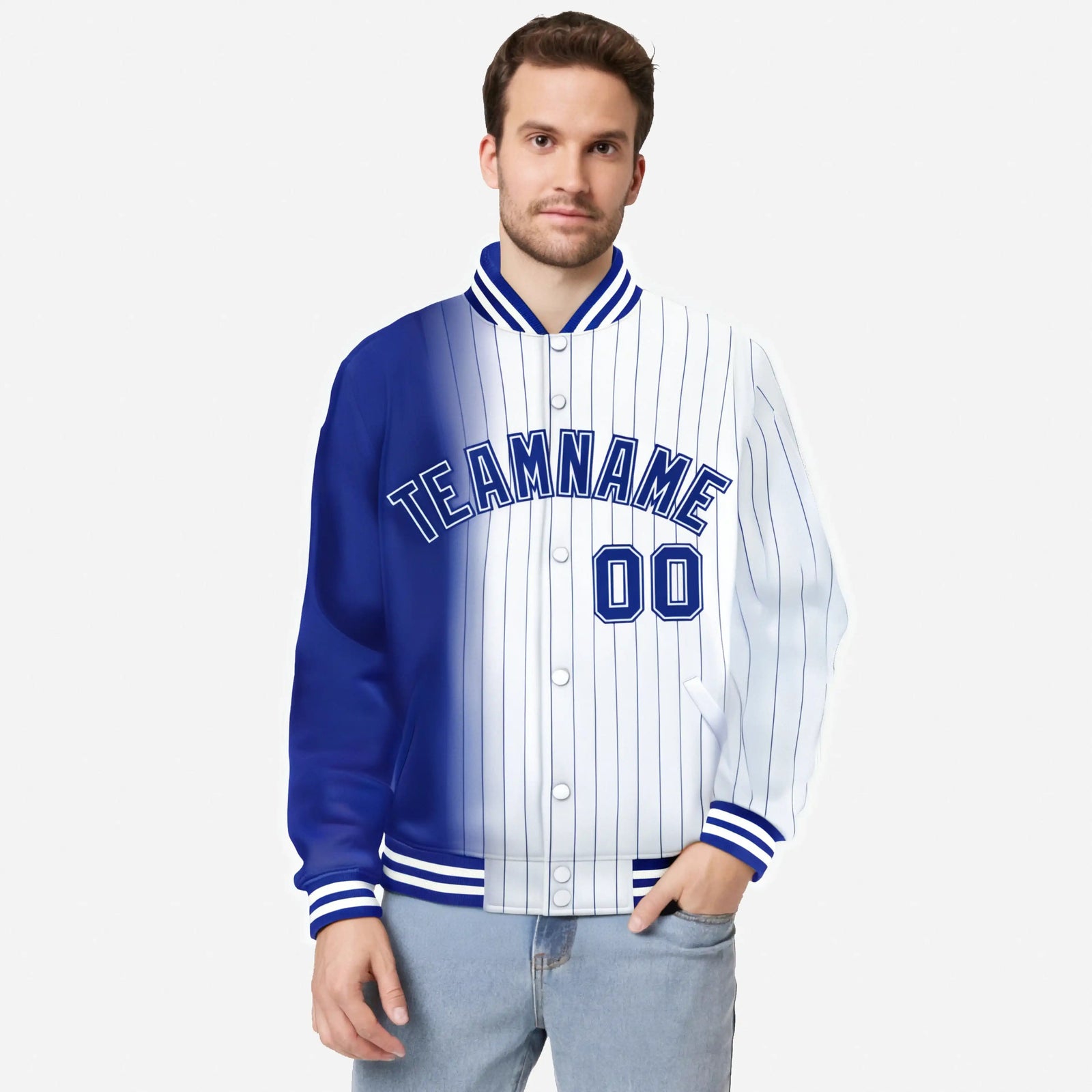 Custom White Royal Blue Pinstripe Royal Blue-White Gradient Fashion Varsity Full-Snap Jacket