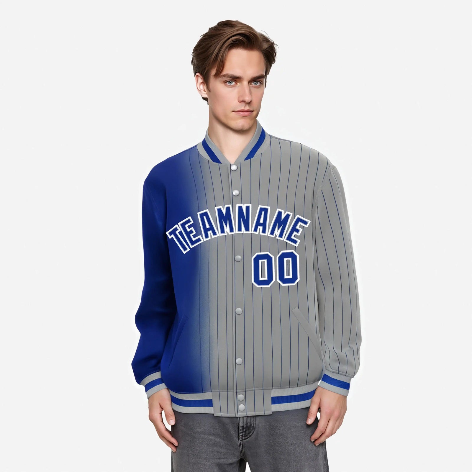 Custom Gray Royal Blue Pinstripe Royal Blue-White Gradient Fashion Varsity Full-Snap Jacket