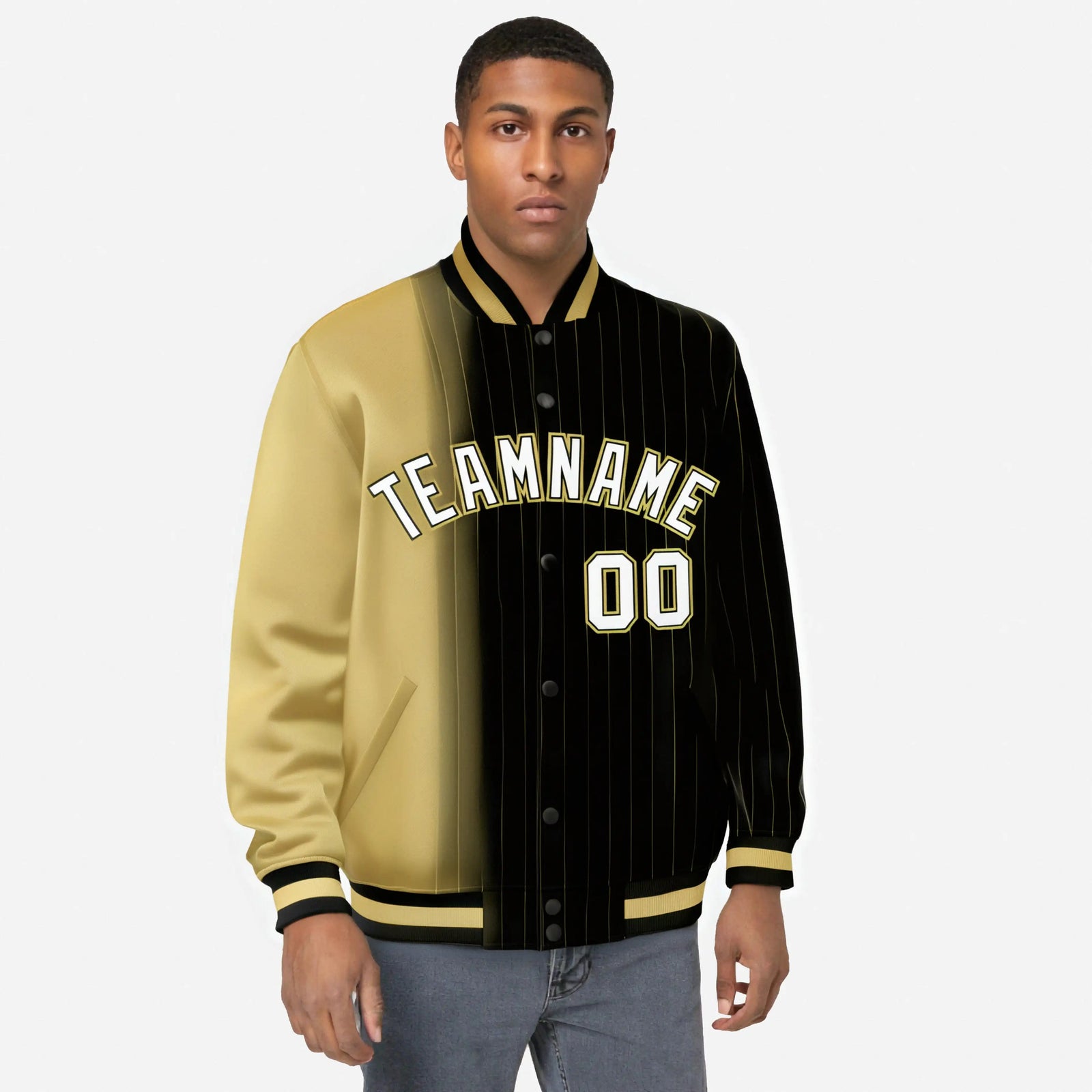 Custom Black Old-Gold Pinstripe White-Old Gold Gradient Fashion Varsity Full-Snap Jacket