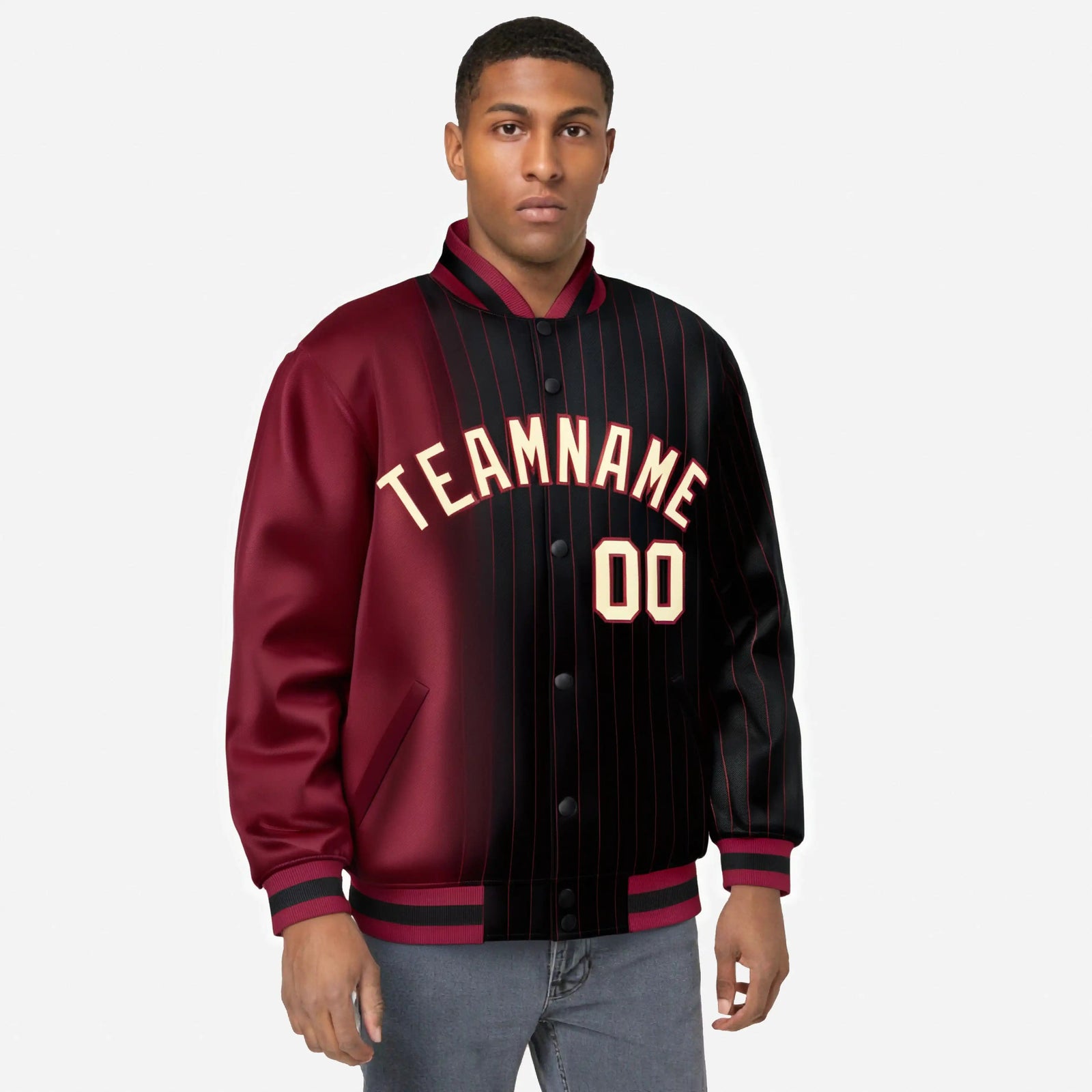 Custom Black Crimson Pinstripe Old Gold-Crimson Gradient Fashion Varsity Full-Snap Jacket
