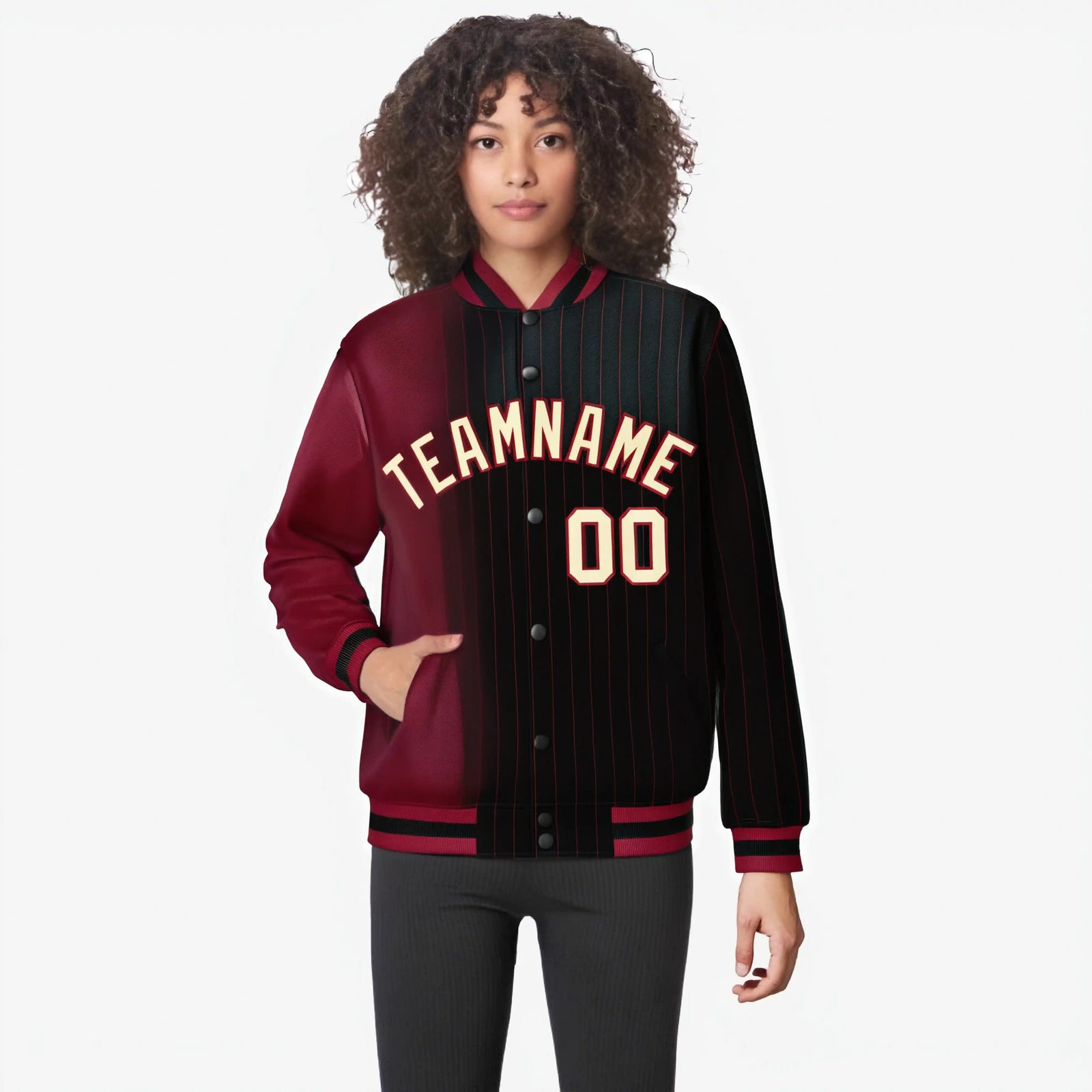 Custom Black Crimson Pinstripe Old Gold-Crimson Gradient Fashion Varsity Full-Snap Jacket