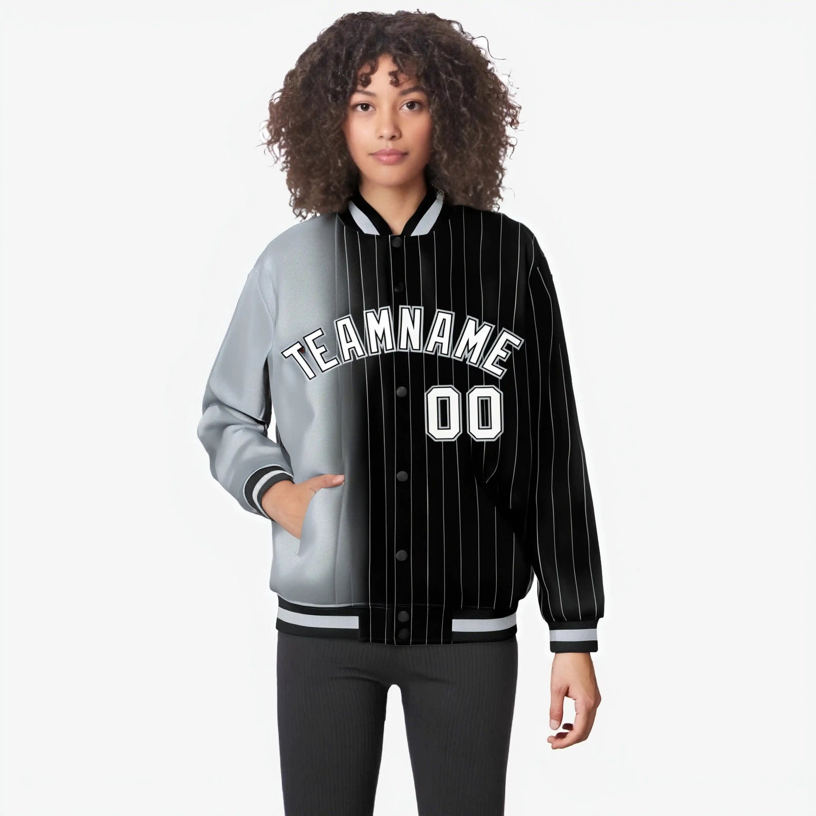 Custom Black Gray Pinstripe White-Gray Gradient Fashion Varsity Full-Snap Jacket