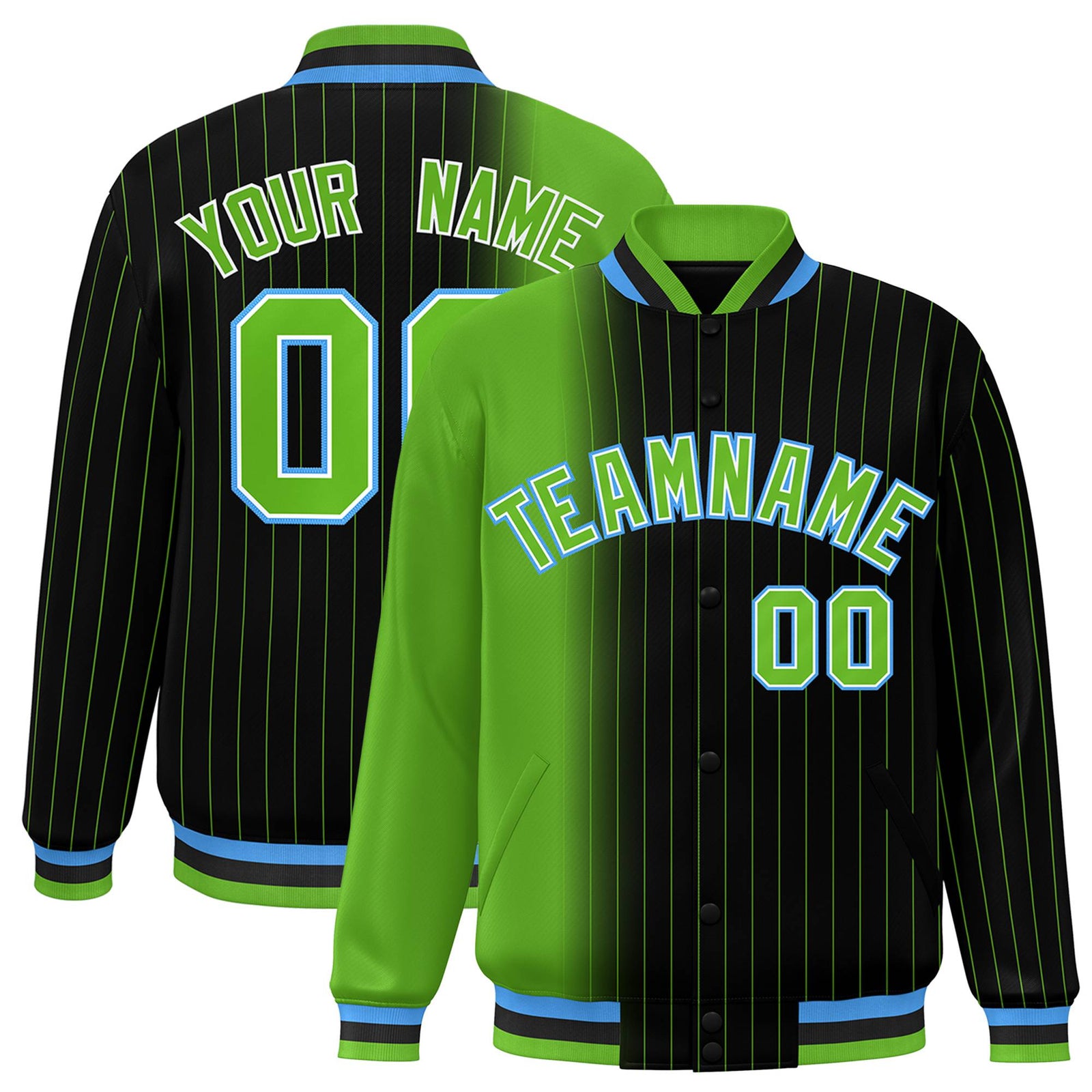 Custom Black Neon Green Pinstripe Powder Blue-Neon Green Gradient Fashion Varsity Full-Snap Jacket