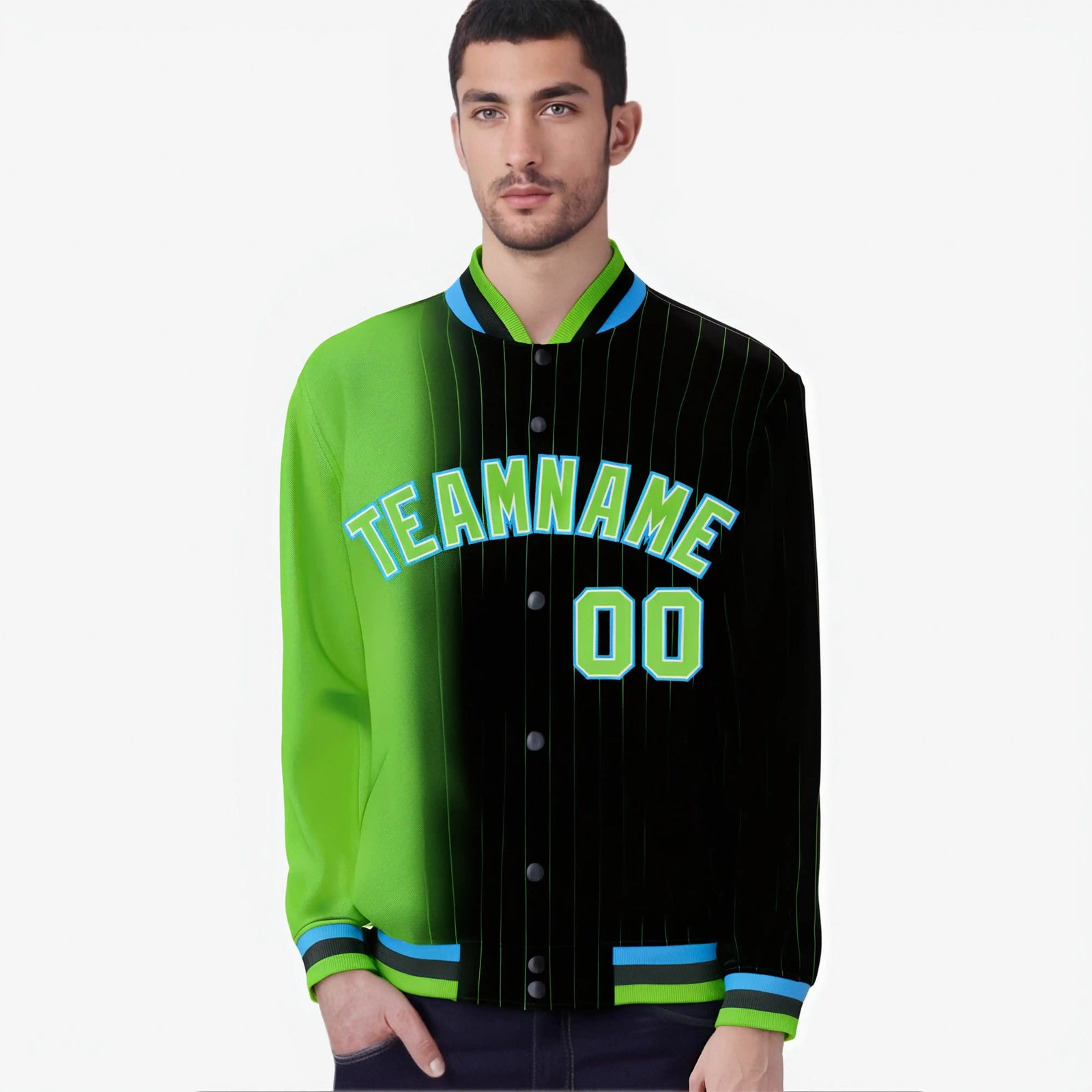 Custom Black Neon Green Pinstripe Powder Blue-Neon Green Gradient Fashion Varsity Full-Snap Jacket