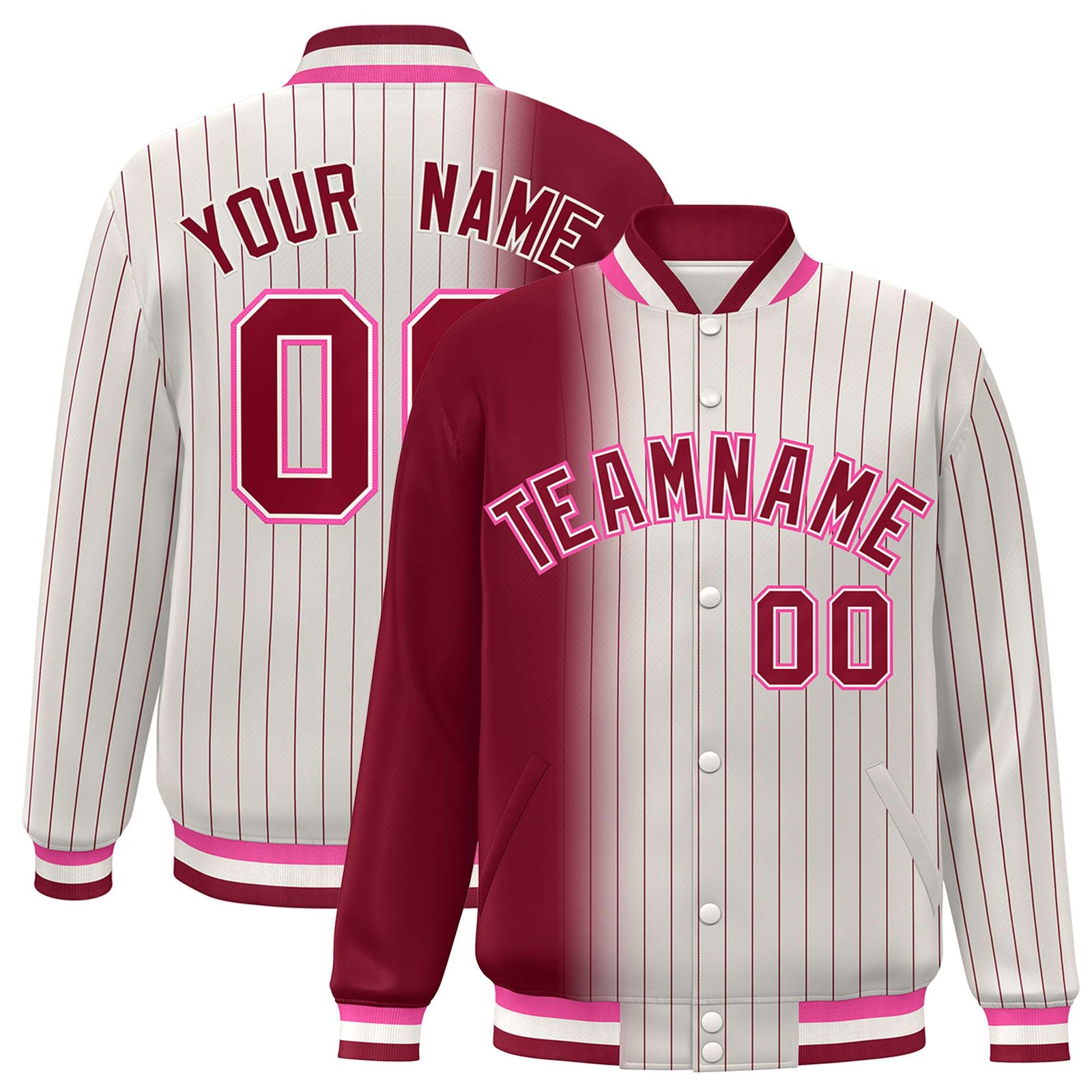 Custom Cream Crimson Pinstripe Pink-Crimson Gradient Fashion Varsity Full-Snap Jacket