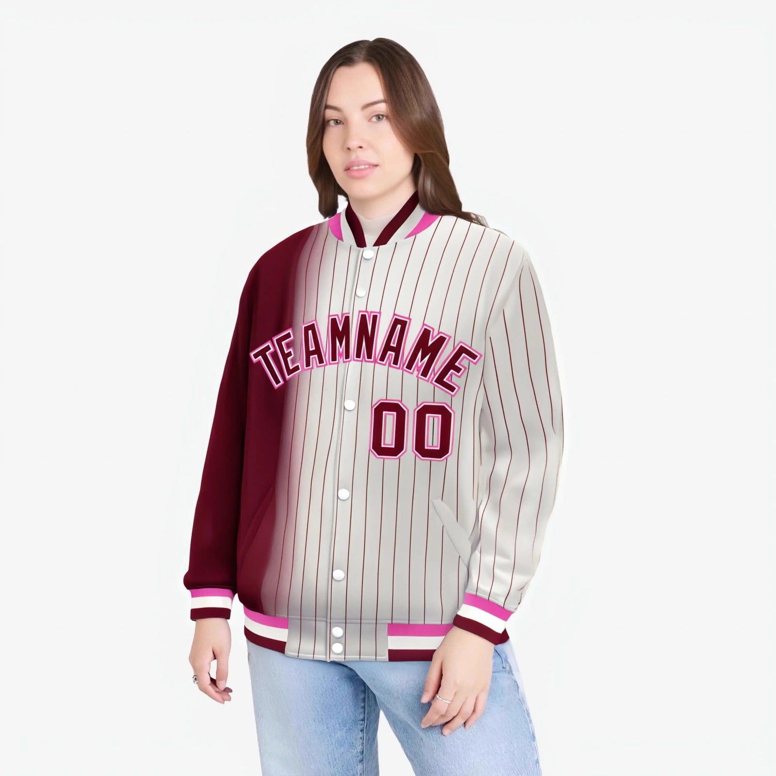 Custom Cream Crimson Pinstripe Pink-Crimson Gradient Fashion Varsity Full-Snap Jacket