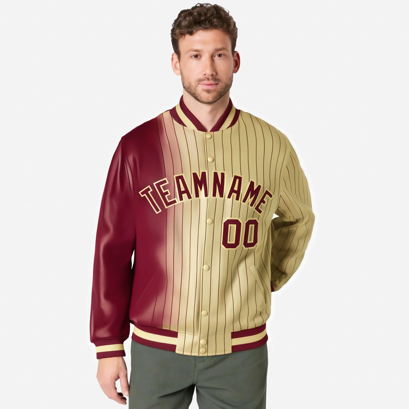 Custom Old Gold Crimson Pinstripe Old Gold-Crimson Gradient Fashion Varsity Full-Snap Jacket
