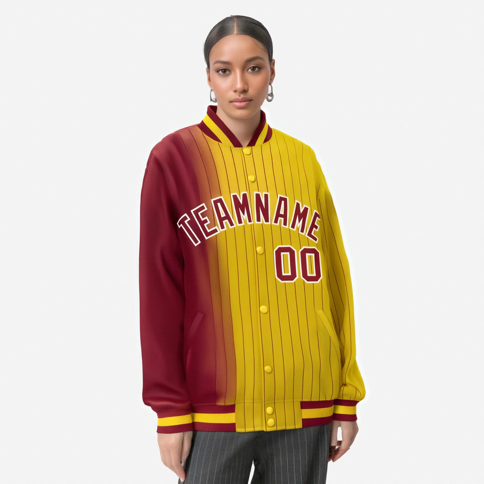 Custom Gold Crimson Pinstripe White-Crimson Gradient Fashion Varsity Full-Snap Jacket