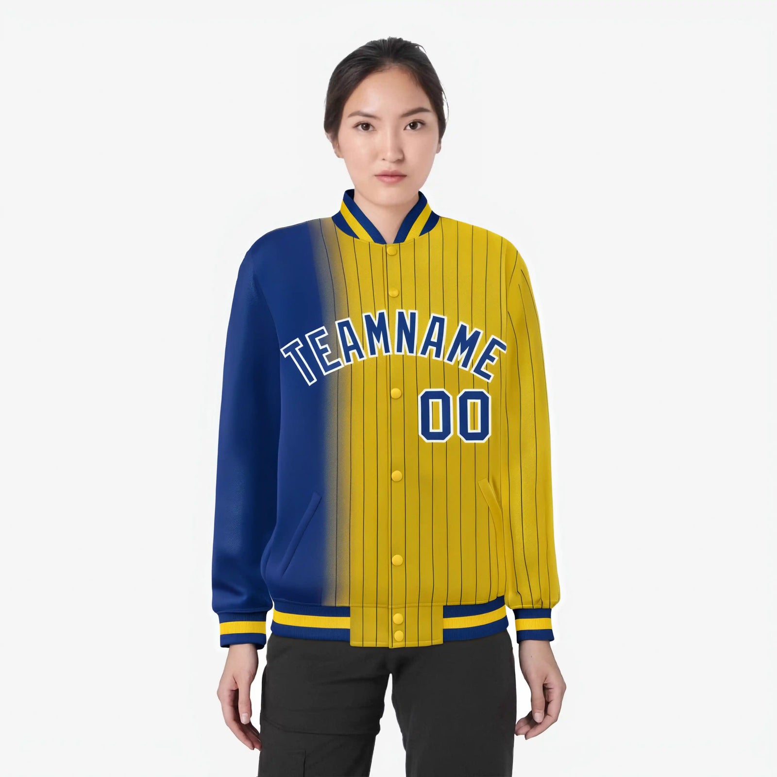 Custom Gold Royal-Blue Pinstripe White-Royal Blue Gradient Fashion Varsity Full-Snap Jacket
