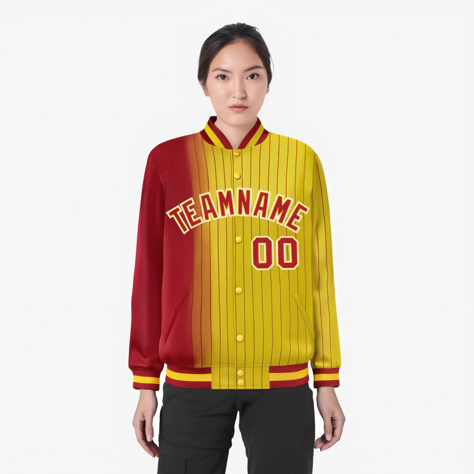 Custom Gold Red Pinstripe White-Red Gradient Fashion Varsity Full-Snap Jacket