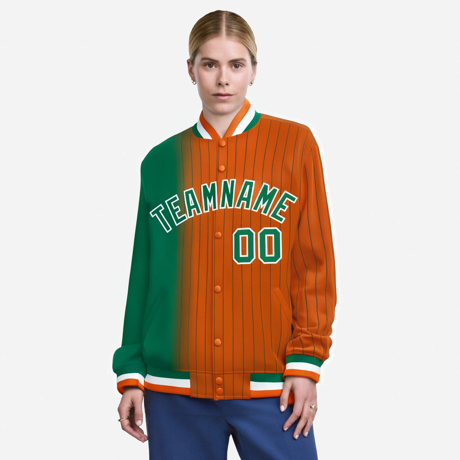 Custom Orange Kelly Green Pinstripe White-Kelly Green Gradient Fashion Varsity Full-Snap Jacket